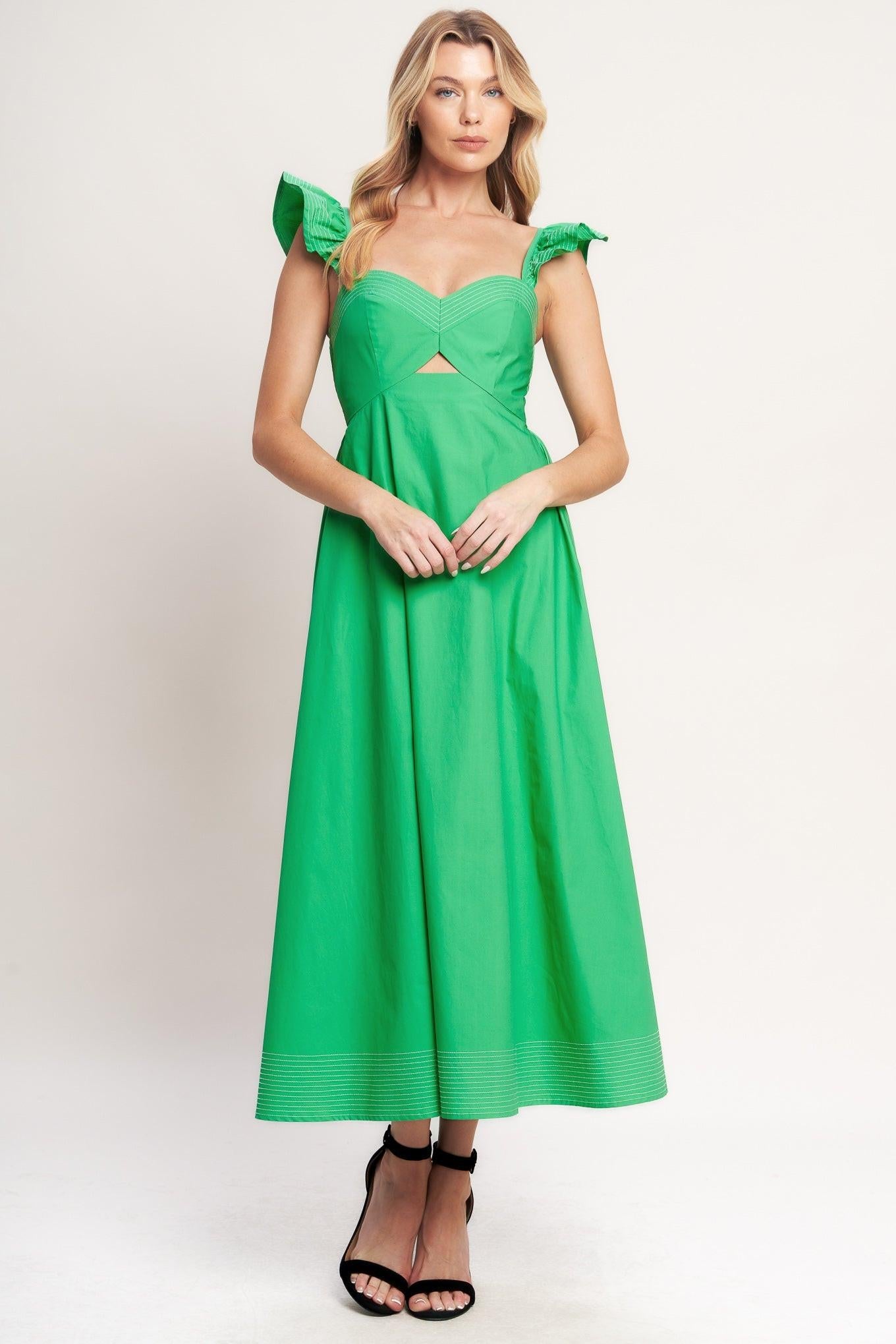 Beautifully Unexpected Woven Midi Dress in green, view 1 — Soul Flow Apparel