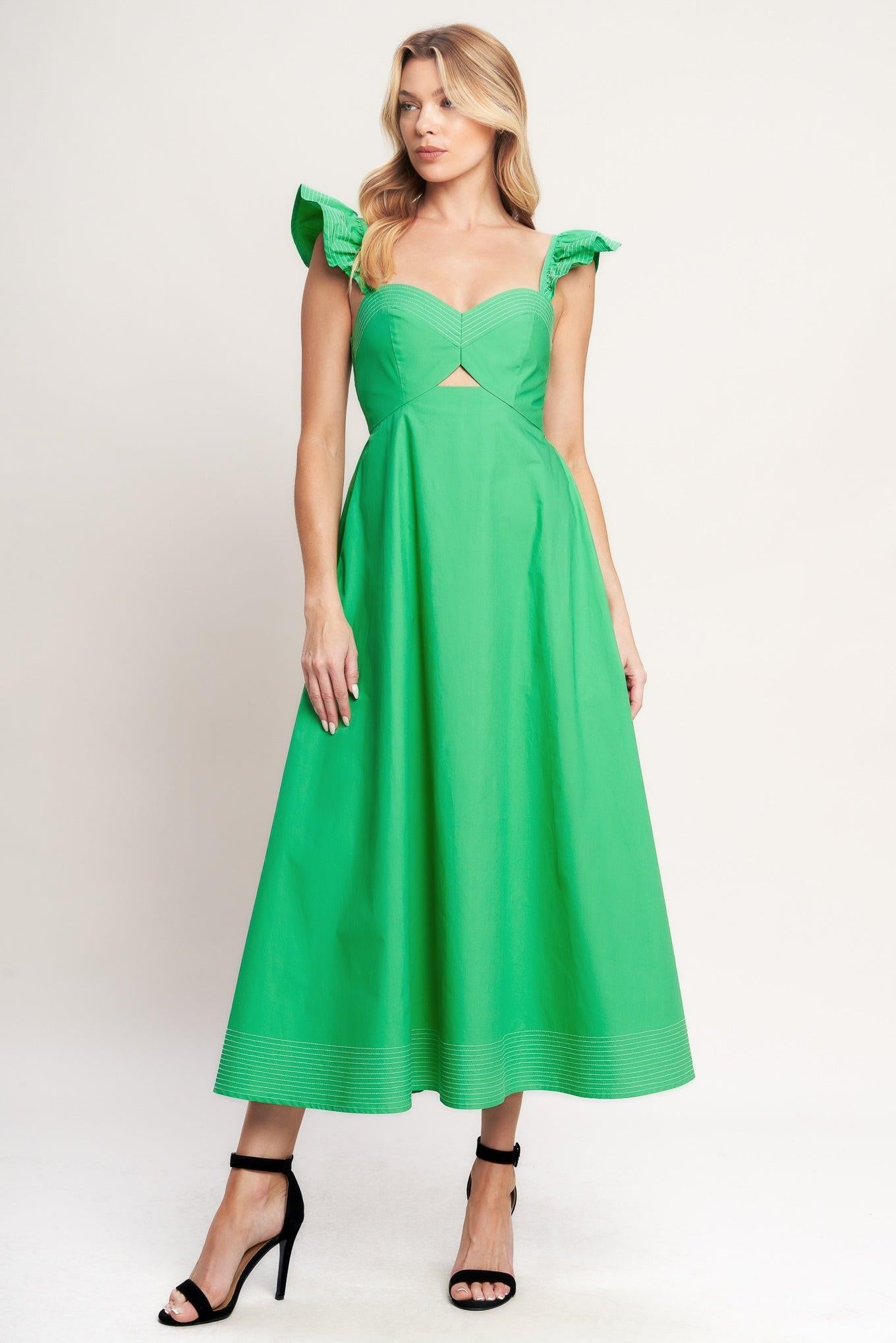 Beautifully Unexpected Woven Midi Dress in green, view 2 — Soul Flow Apparel