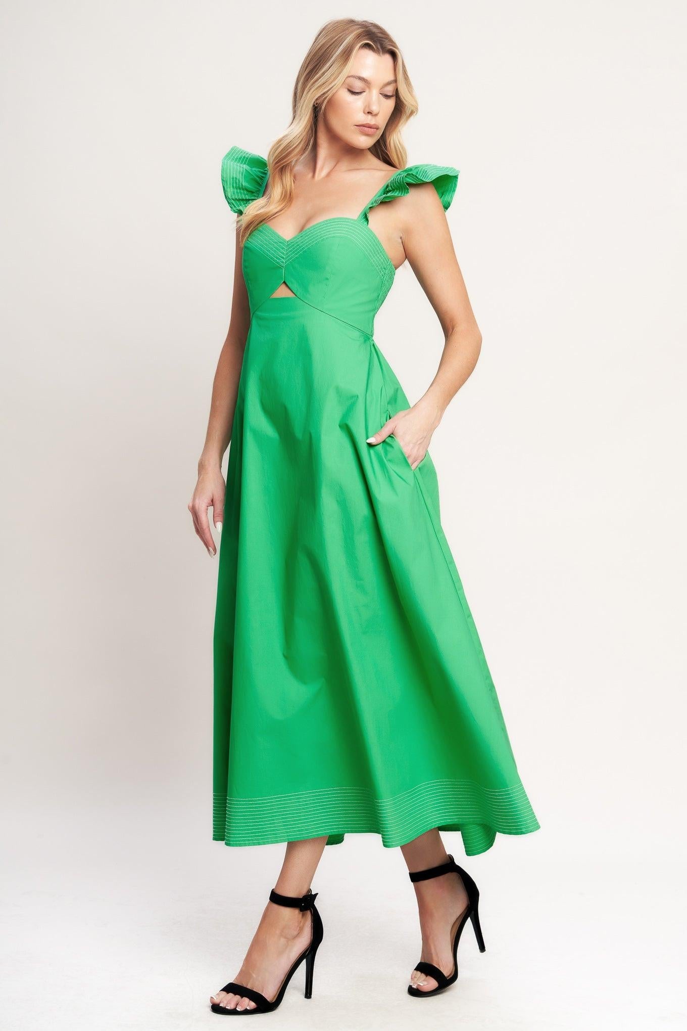 Beautifully Unexpected Woven Midi Dress in green, view 3 — Soul Flow Apparel