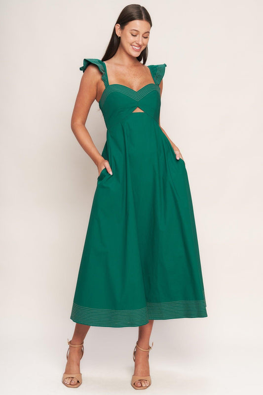 Tuscan Sunset Green Woven Midi Dress, view 2 — Soul Flow Apparel