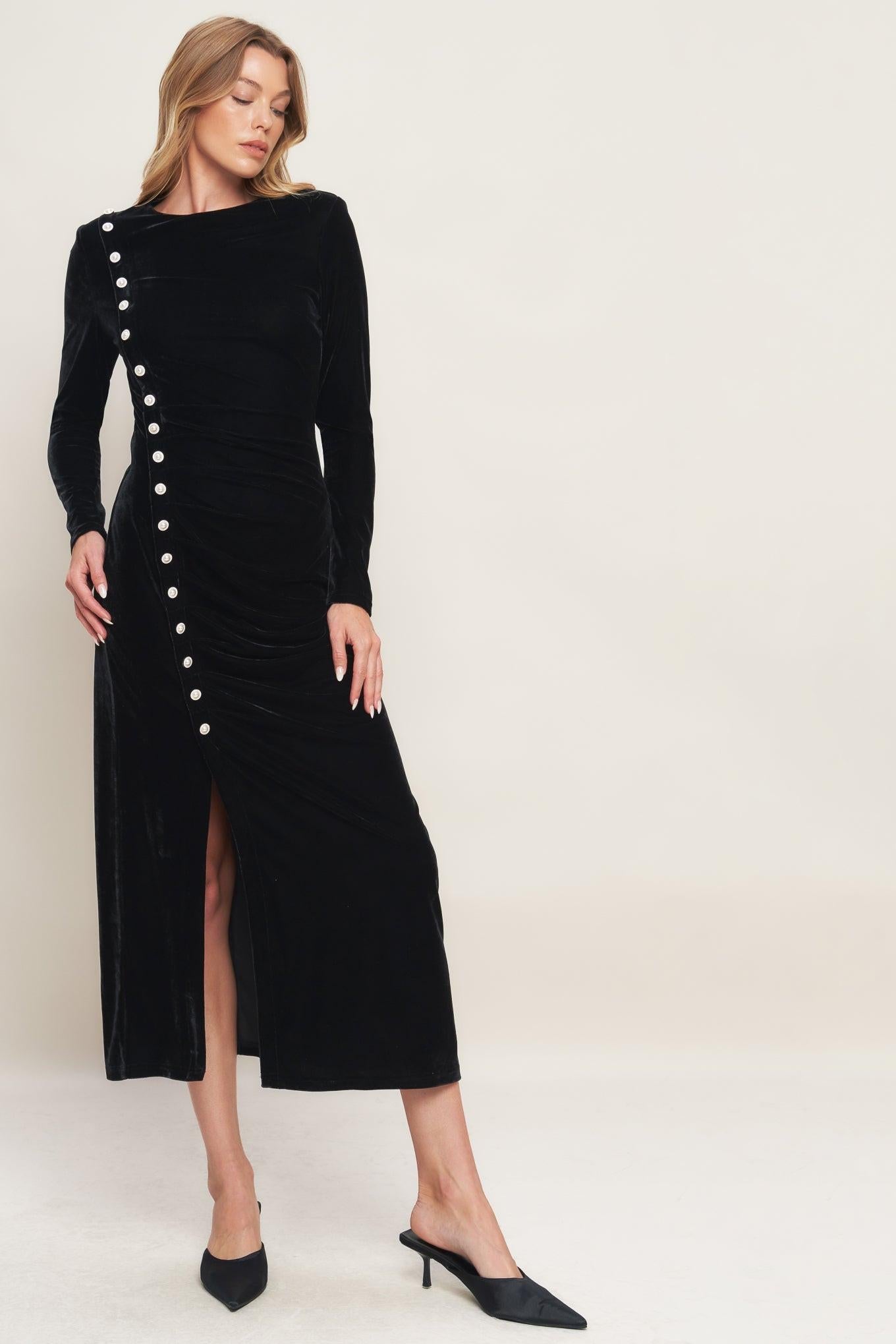 Urban Empress Velvet Midi Dress in black, view 2 — Soul Flow Apparel
