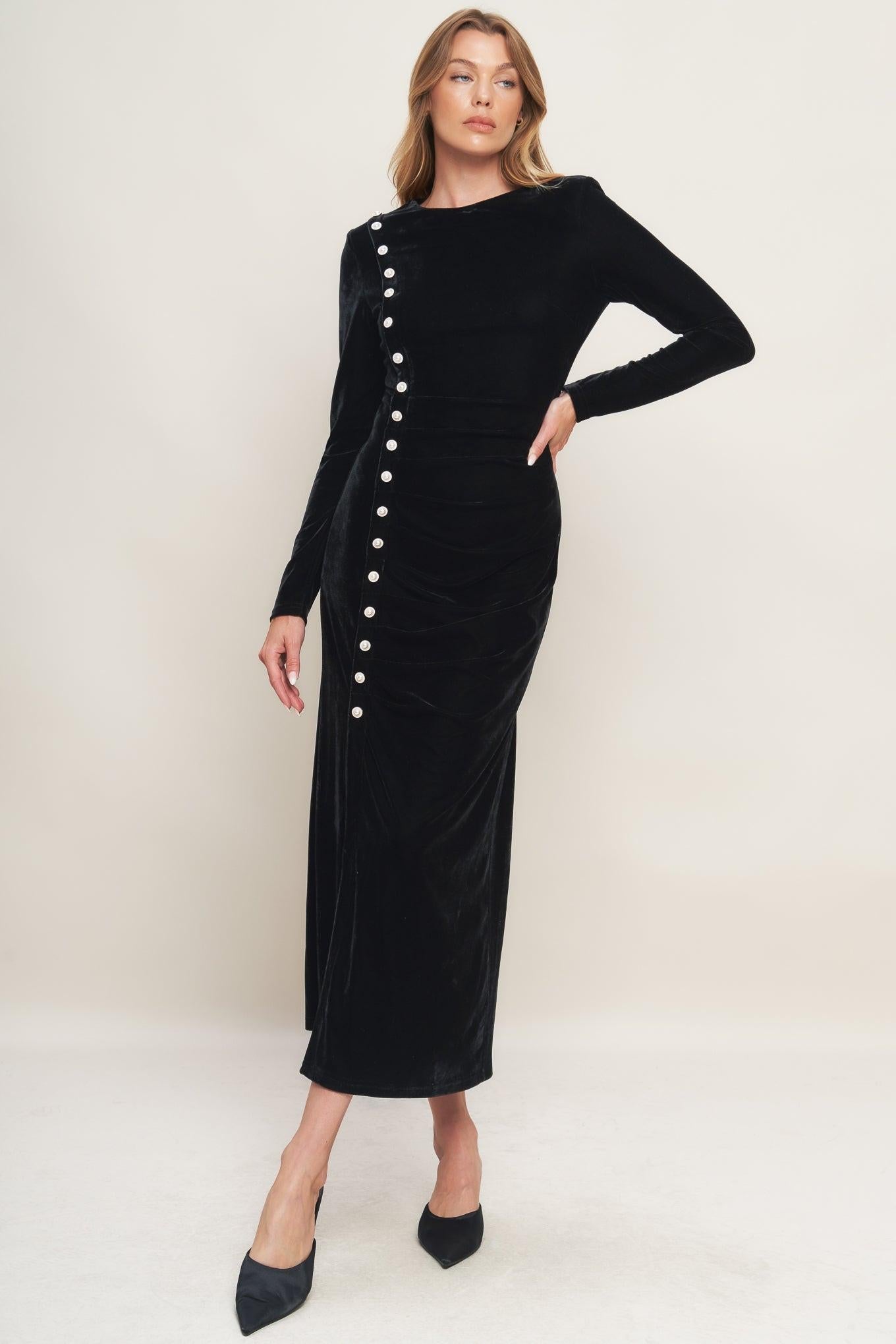 Urban Empress Velvet Midi Dress in black, view 3 — Soul Flow Apparel
