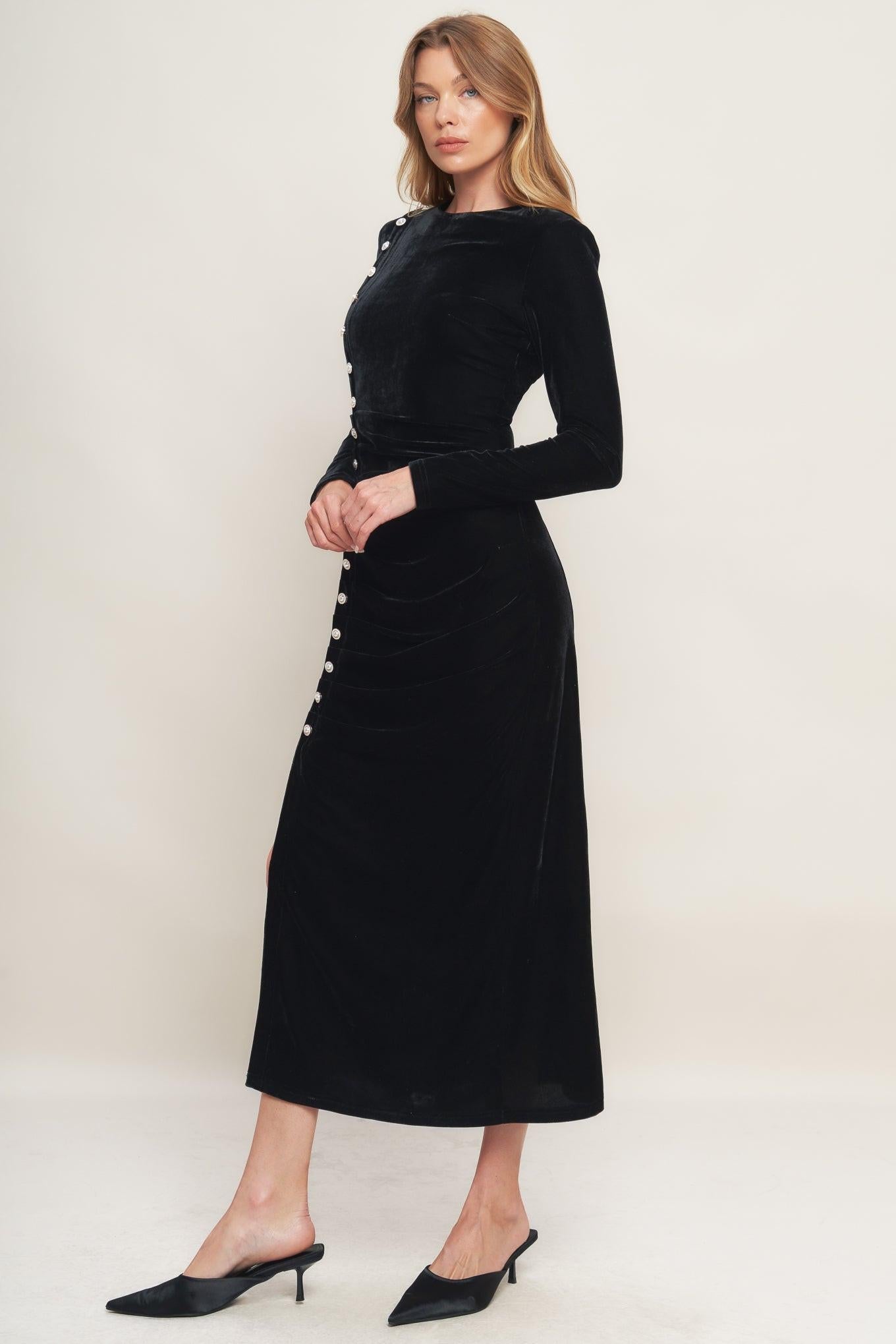 Urban Empress Velvet Midi Dress in black, view 4 — Soul Flow Apparel
