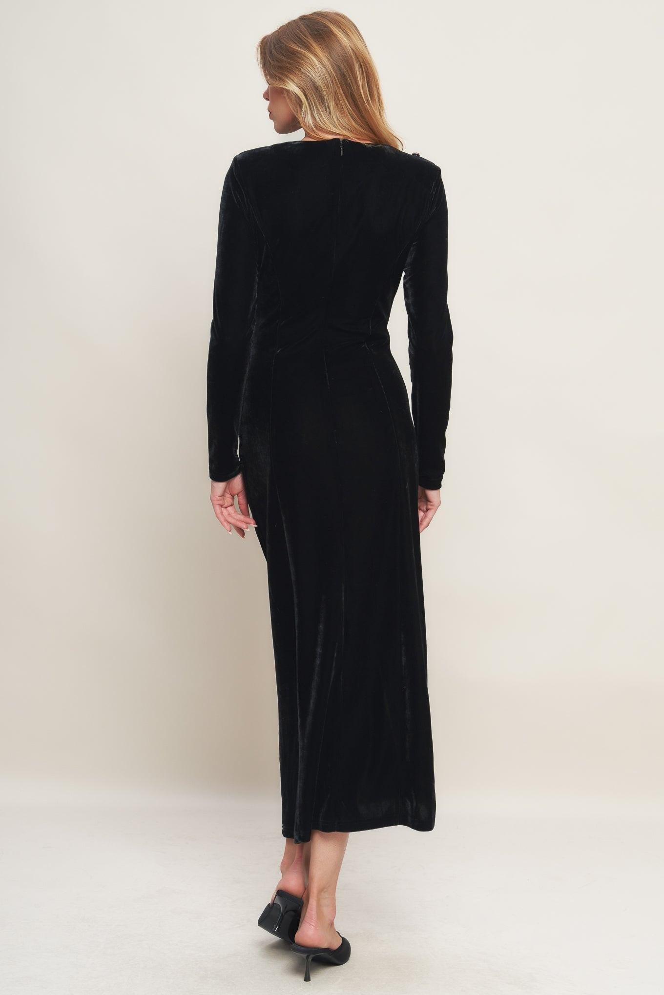 Urban Empress Velvet Midi Dress in black, view 5 — Soul Flow Apparel