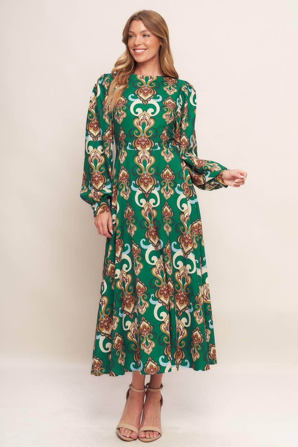 Modern Retro Bloom Woven Midi Dress in kellygreen, view 1 — Soul Flow Apparel