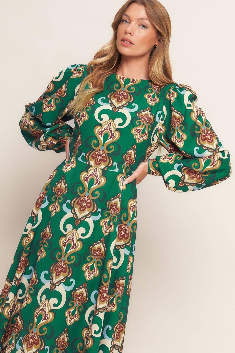 Modern Retro Bloom Woven Midi Dress in kellygreen, view 2 — Soul Flow Apparel