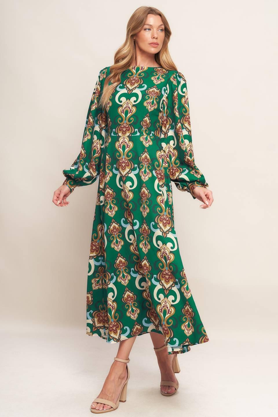Modern Retro Bloom Woven Midi Dress in kellygreen, view 3 — Soul Flow Apparel
