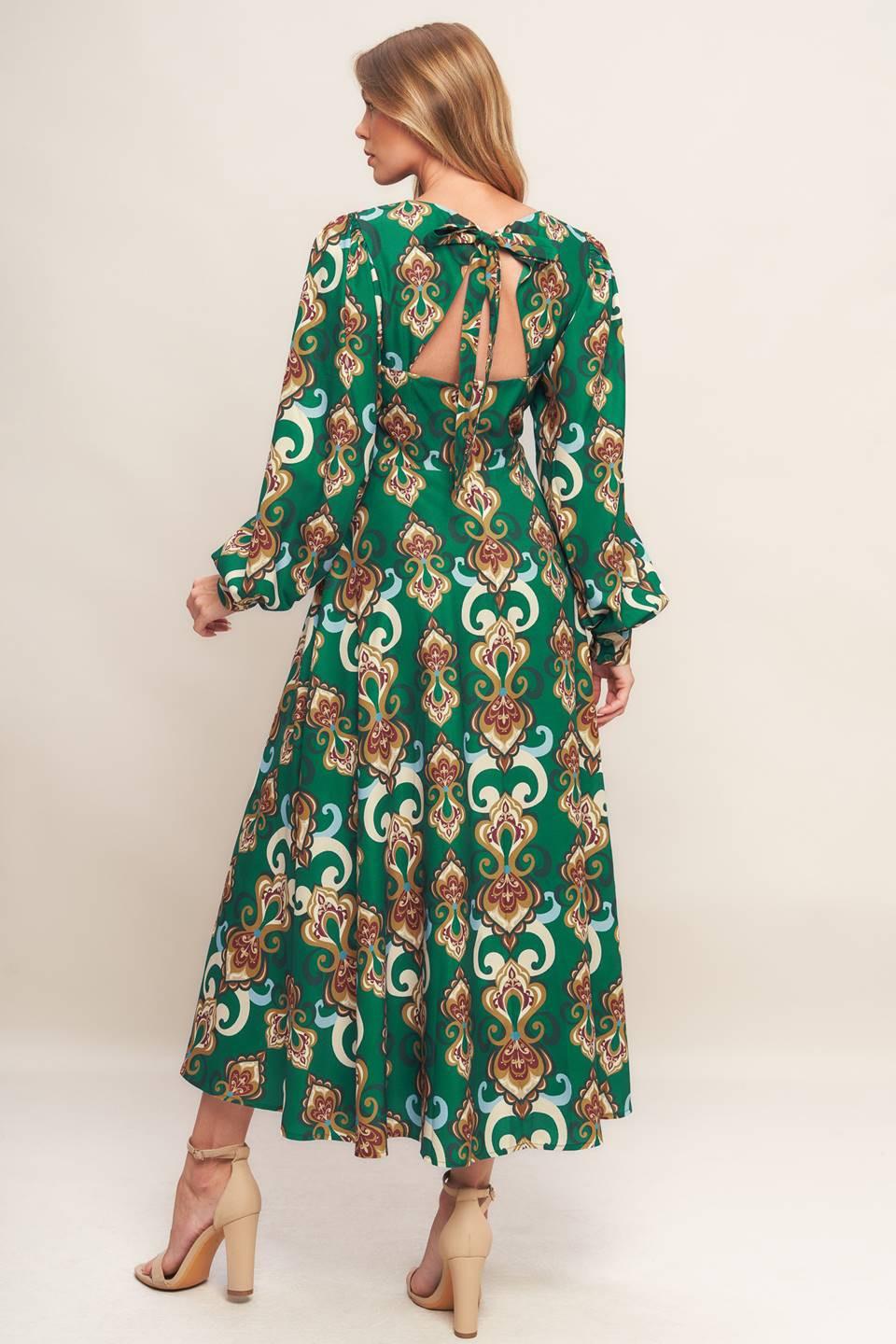 Modern Retro Bloom Woven Midi Dress in kellygreen, view 4 — Soul Flow Apparel