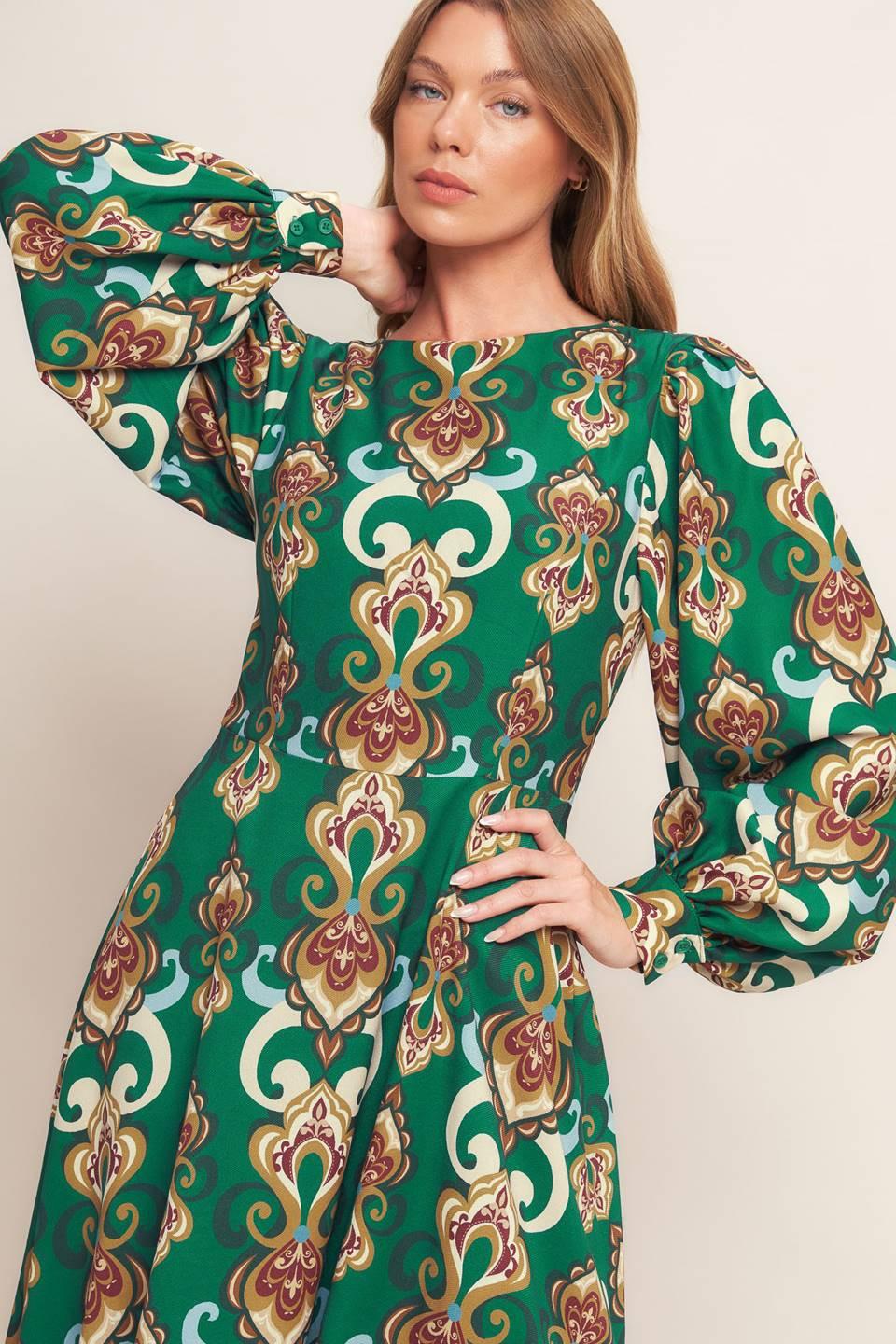 Modern Retro Bloom Woven Midi Dress in kellygreen, view 5 — Soul Flow Apparel