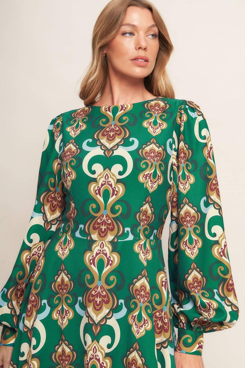 Modern Retro Bloom Woven Midi Dress in kellygreen, view 6 — Soul Flow Apparel