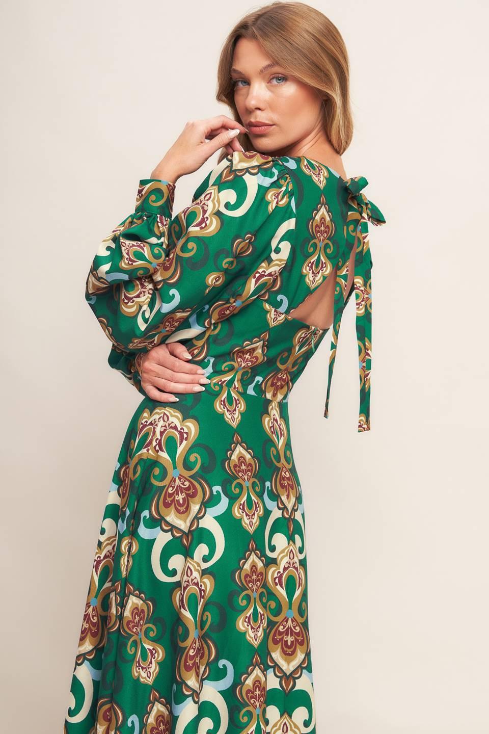 Modern Retro Bloom Woven Midi Dress in kellygreen, view 7 — Soul Flow Apparel