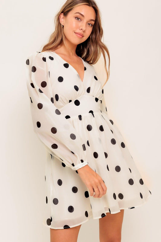 Monroe Dot Chiffon Woven Mini Dress in ivory black, view 5 — Soul Flow Apparel