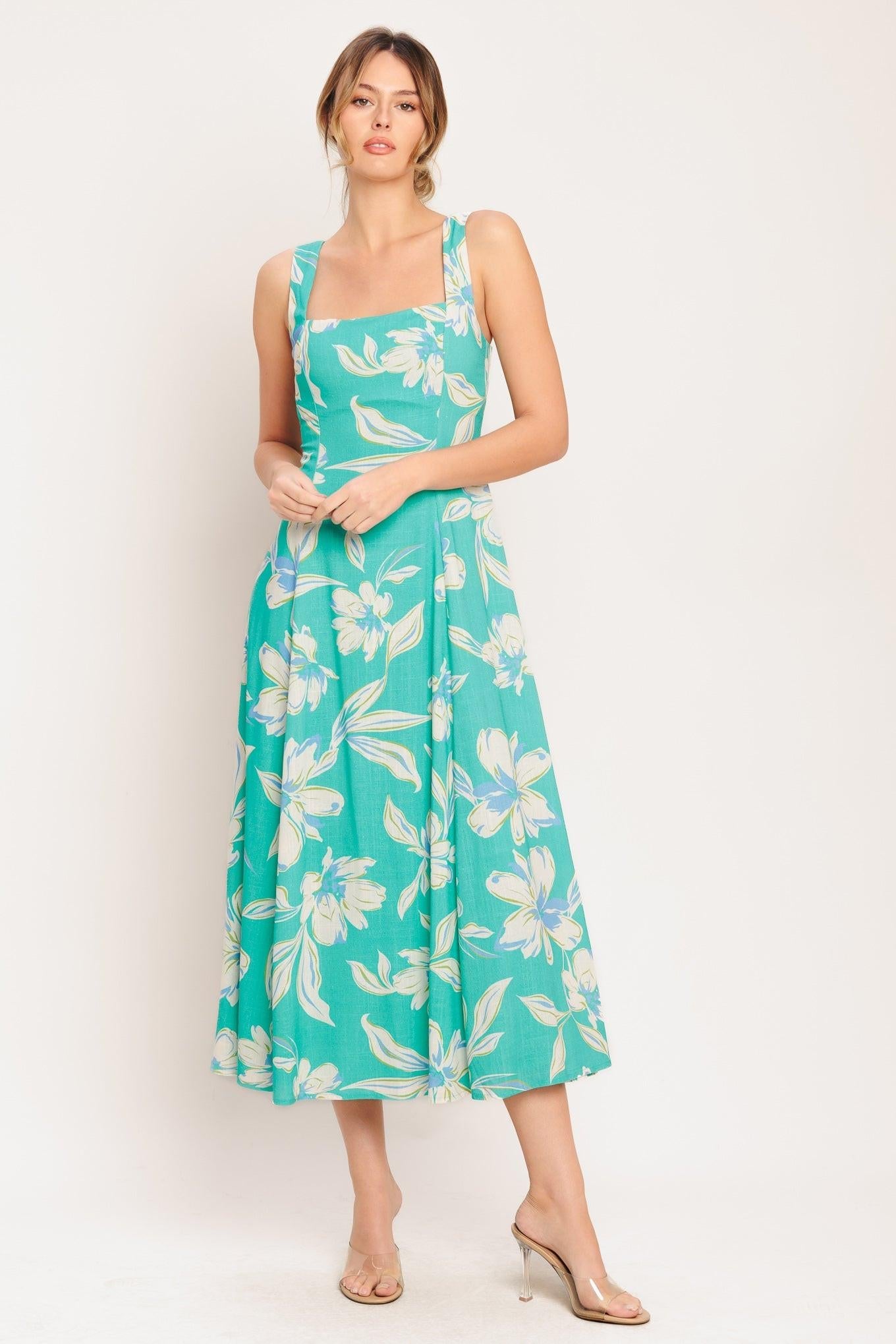 Aqua Daydream Woven Midi Dress in green, view 1 — Soul Flow Apparel