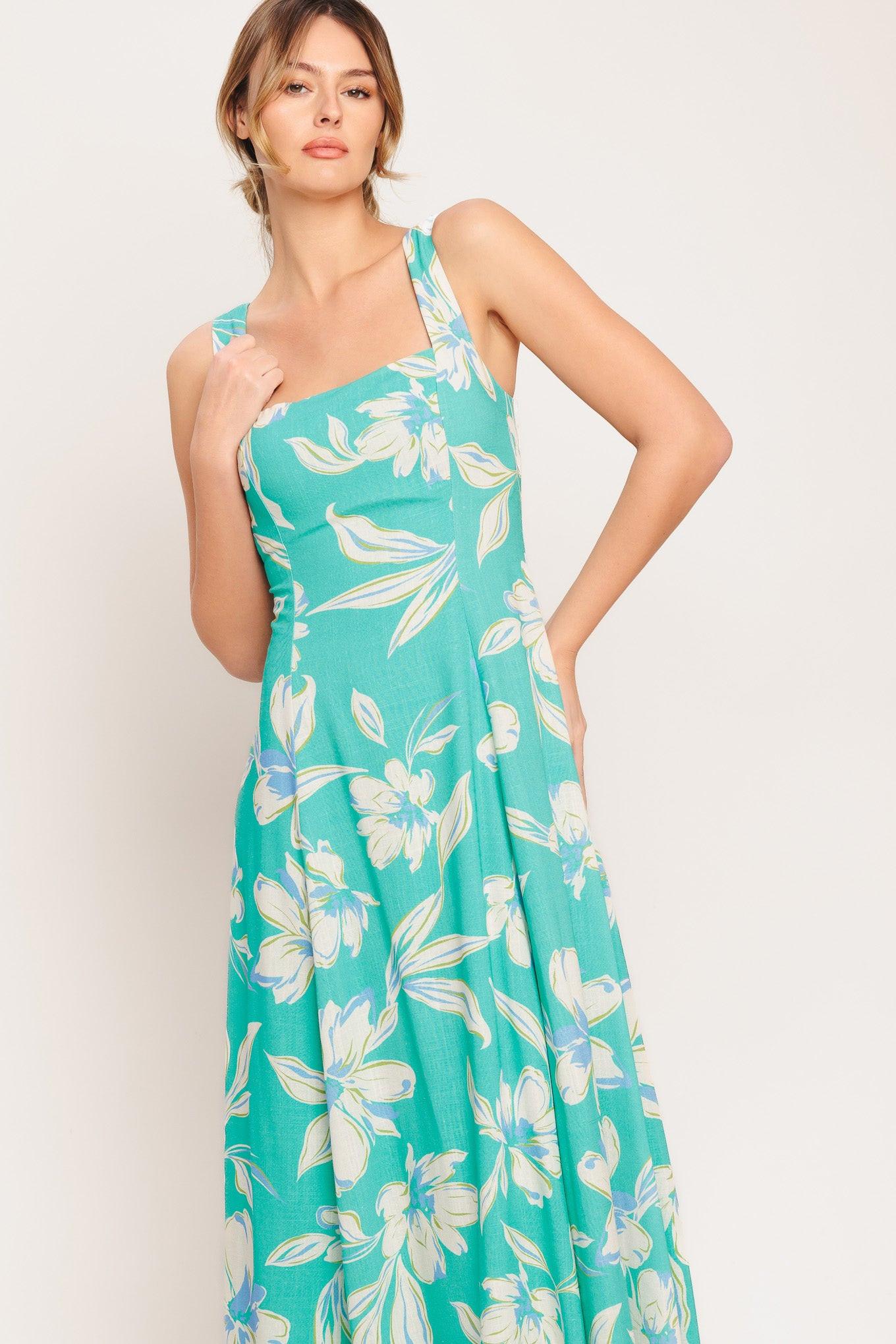 Aqua Daydream Woven Midi Dress in green, view 4 — Soul Flow Apparel