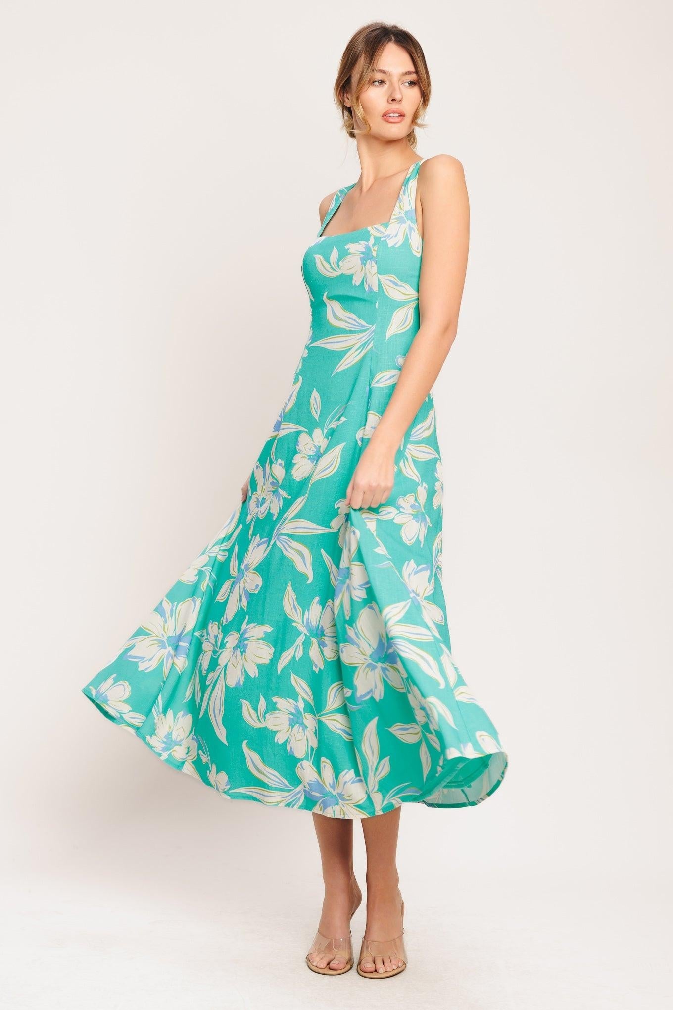 Aqua Daydream Woven Midi Dress in green, view 5 — Soul Flow Apparel