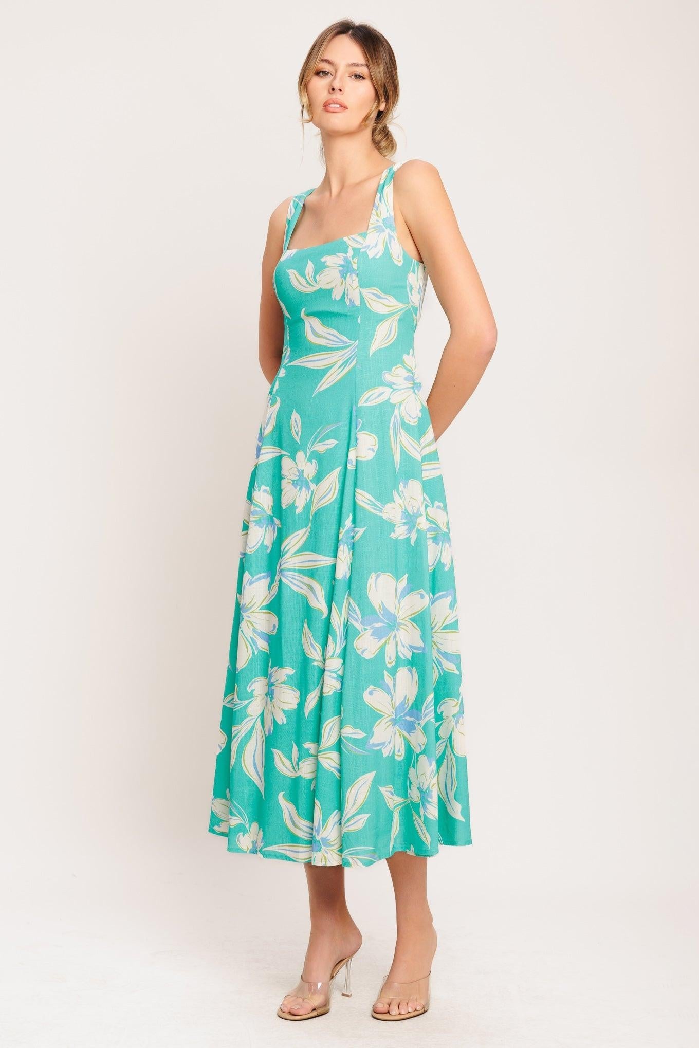 Aqua Daydream Woven Midi Dress in green, view 6 — Soul Flow Apparel