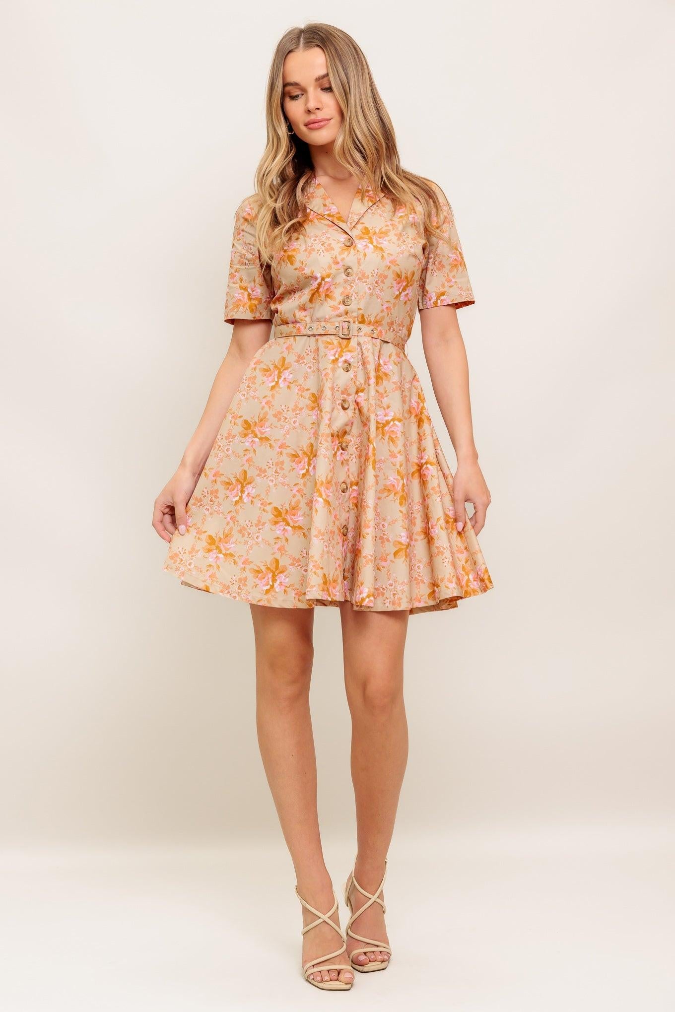 Peach Blossom Woven Mini Dress in taupe, view 1 — Soul Flow Apparel