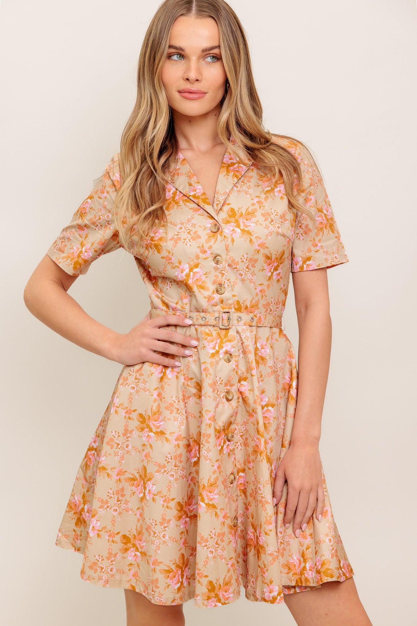 Peach Blossom Woven Mini Dress in taupe, view 2 — Soul Flow Apparel
