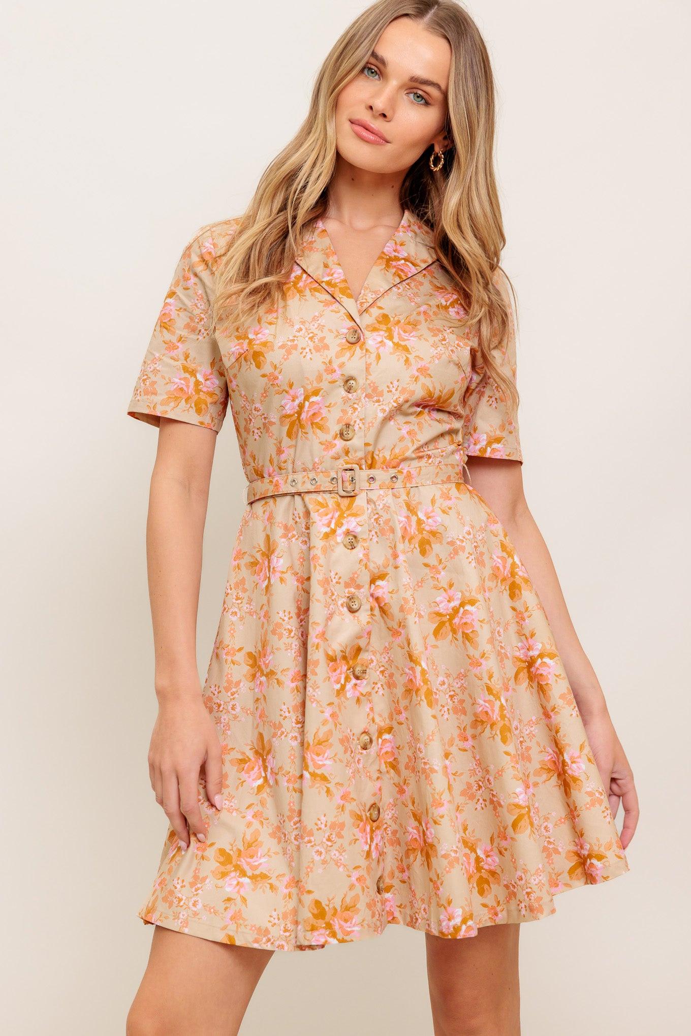Peach Blossom Woven Mini Dress in taupe, view 3 — Soul Flow Apparel