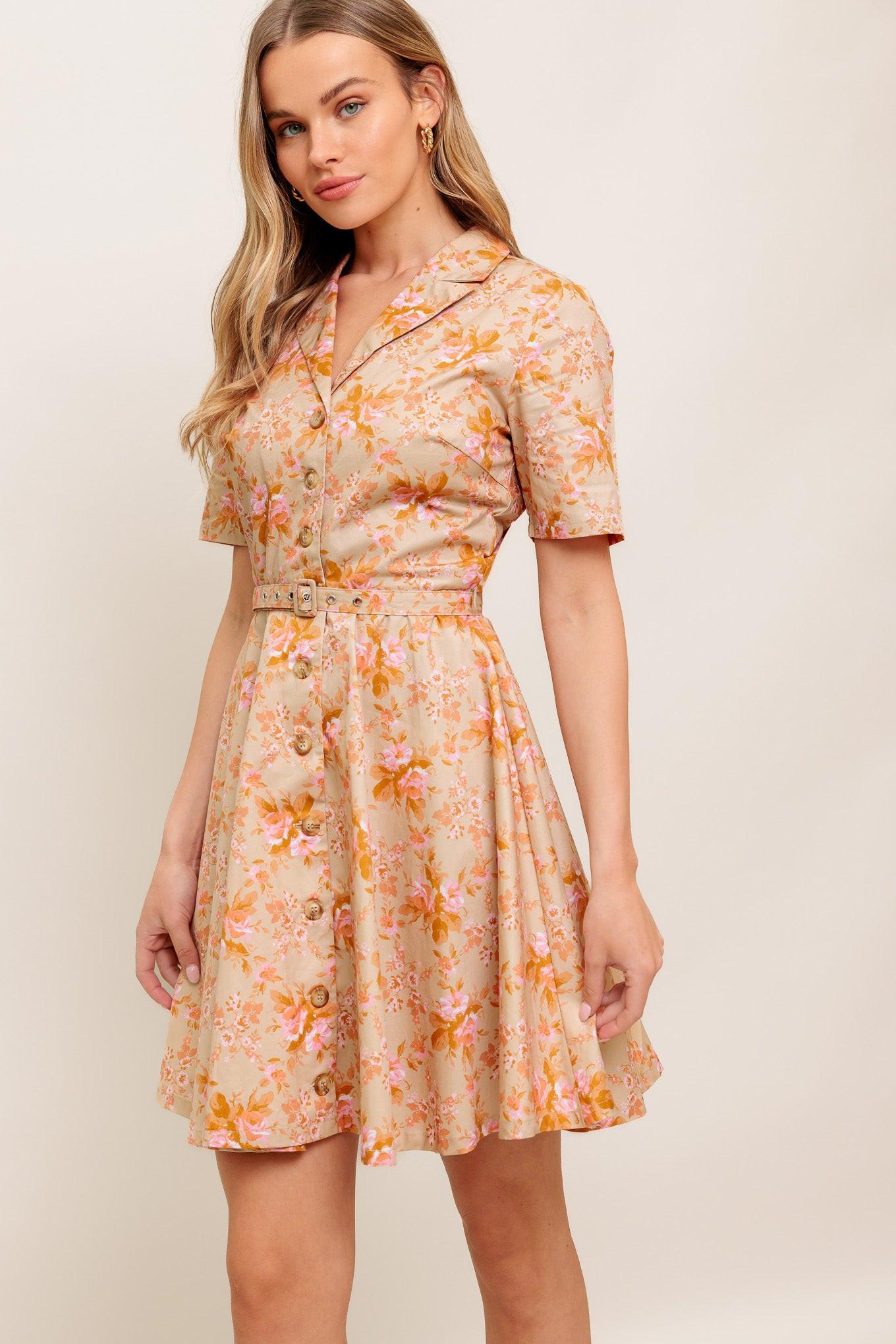 Peach Blossom Woven Mini Dress in taupe, view 5 — Soul Flow Apparel