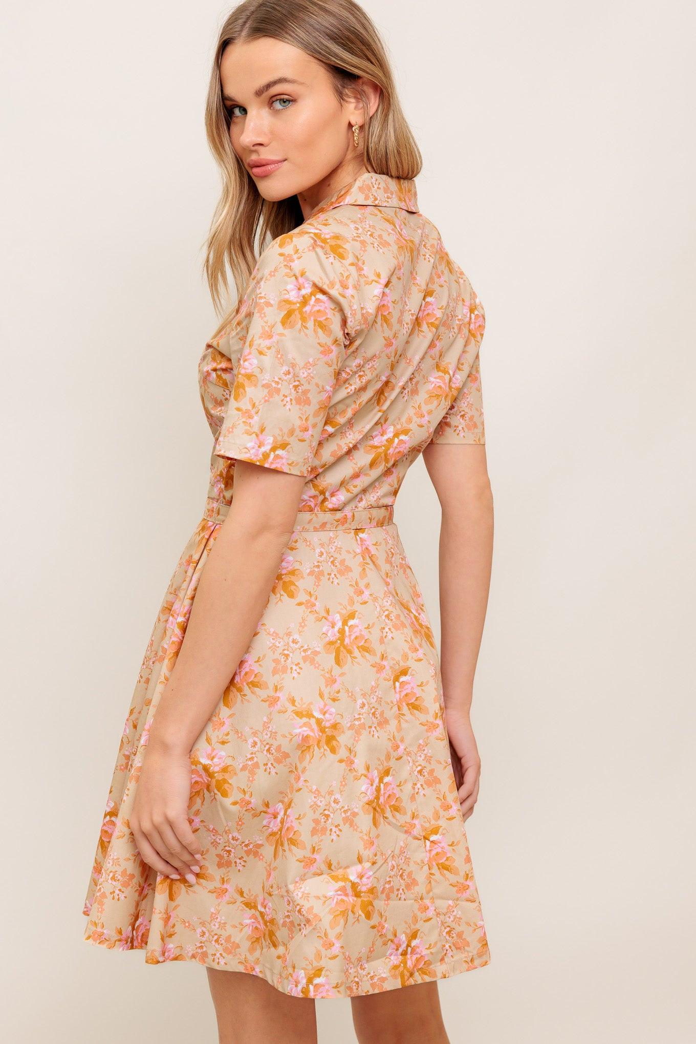 Peach Blossom Woven Mini Dress in taupe, view 6 — Soul Flow Apparel