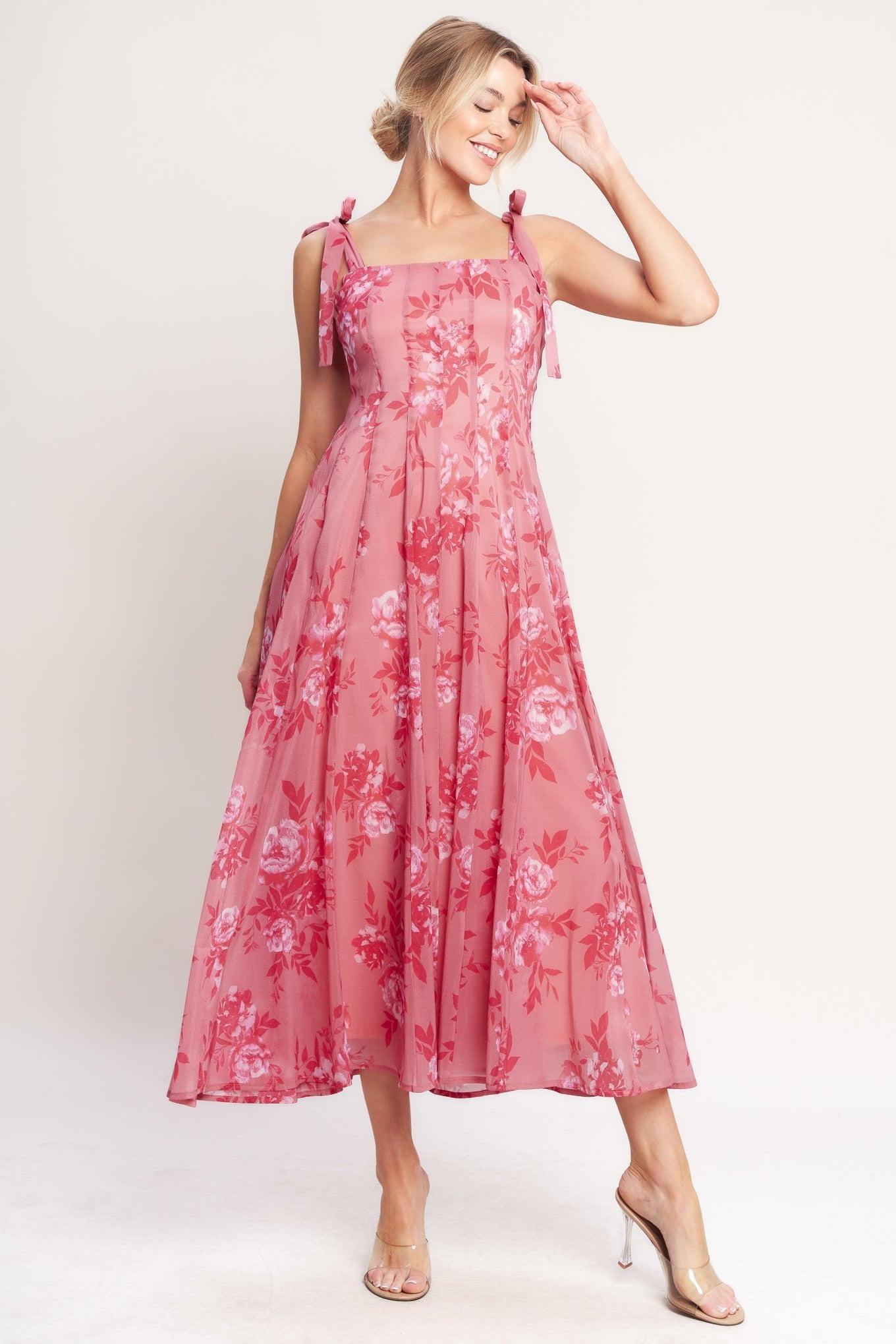 Romantic Canopy Woven Midi Dress in pink, view 2 — Soul Flow Apparel
