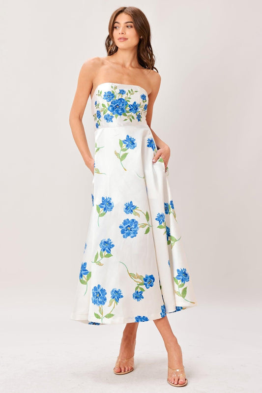 Garden Muse Woven Midi Dress in off-white blue, view 1 — Soul Flow Apparel
