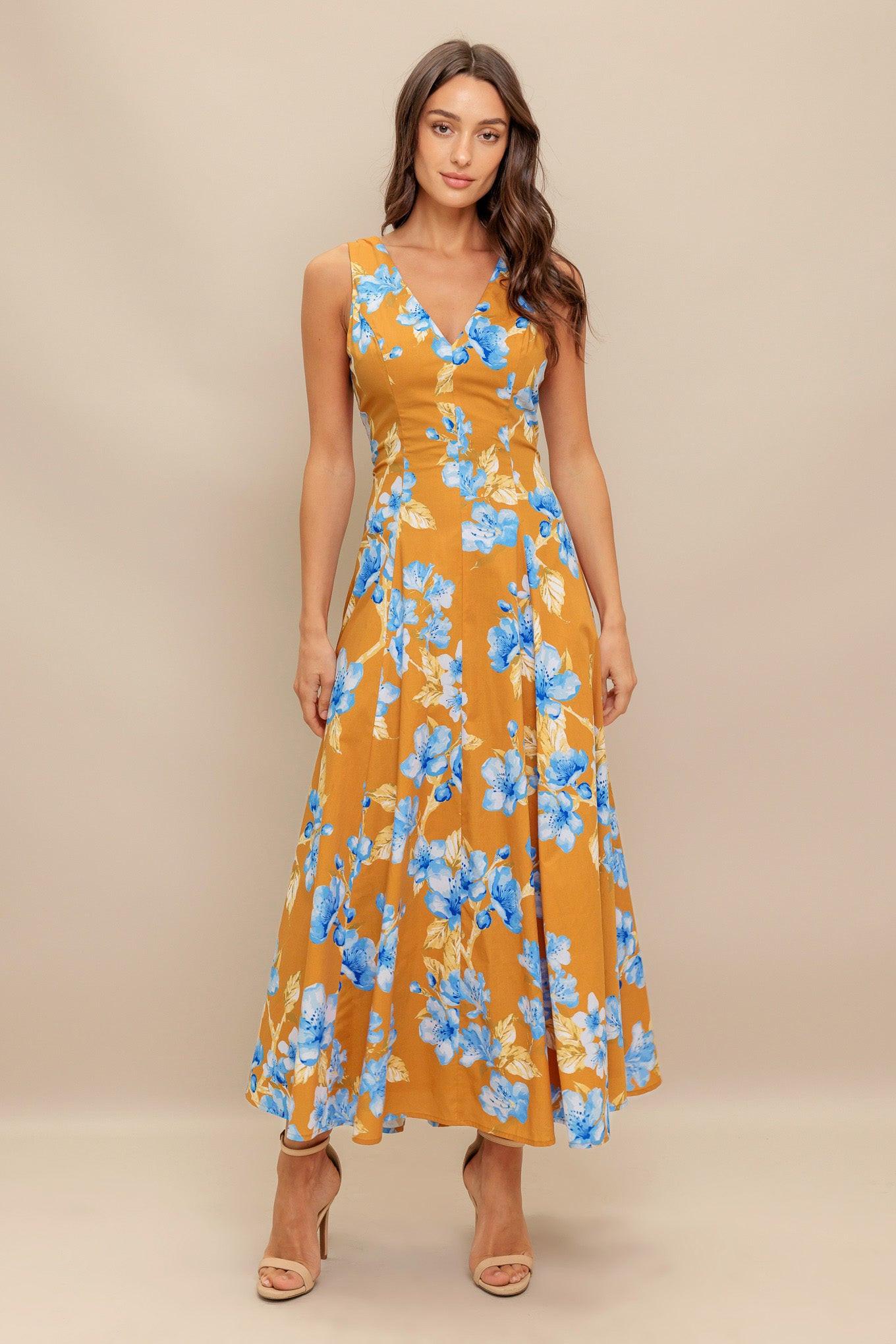 Skyblossom Rush Woven Midi Dress in camel, view 1 — Soul Flow Apparel
