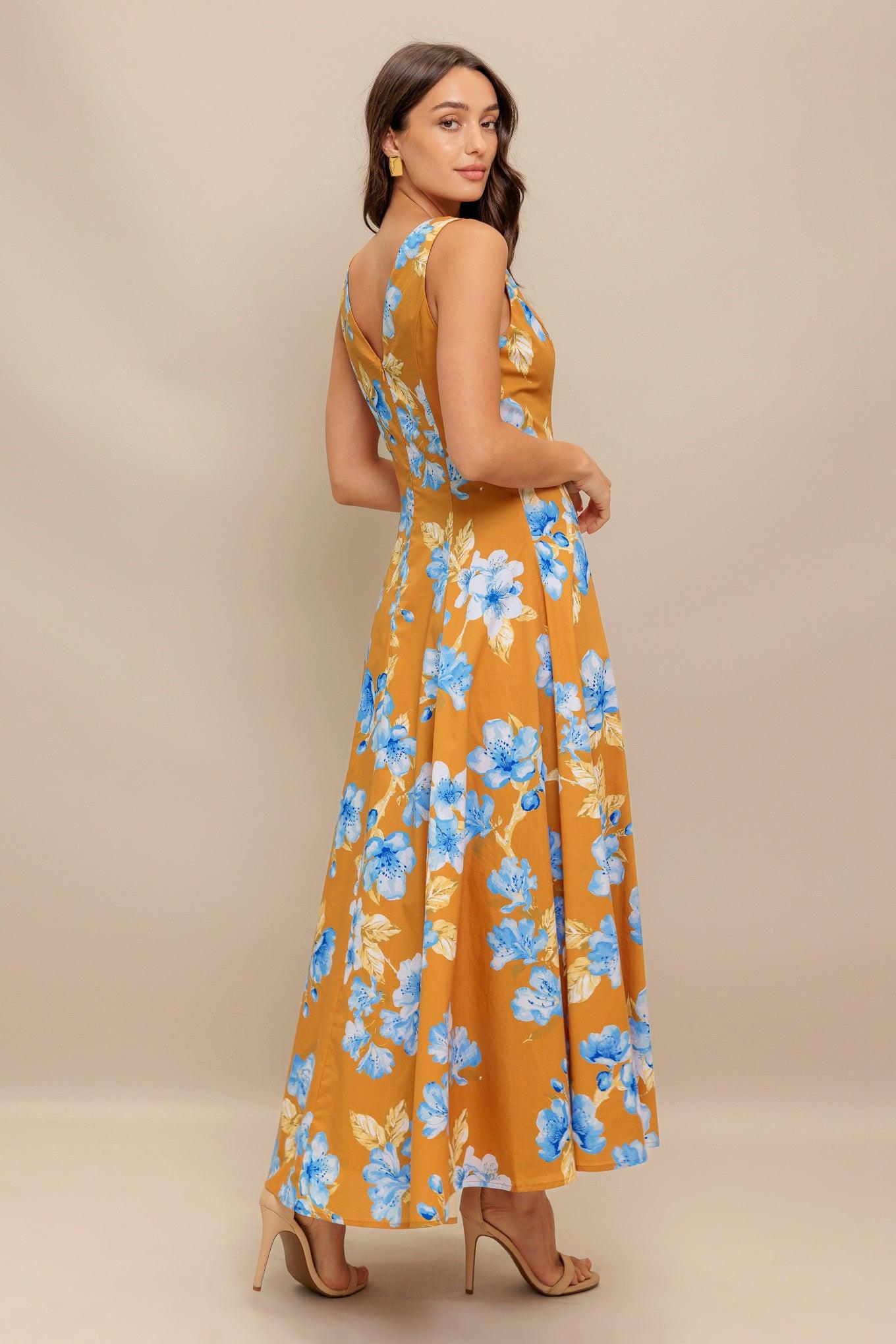 Skyblossom Rush Woven Midi Dress in camel, view 2 — Soul Flow Apparel