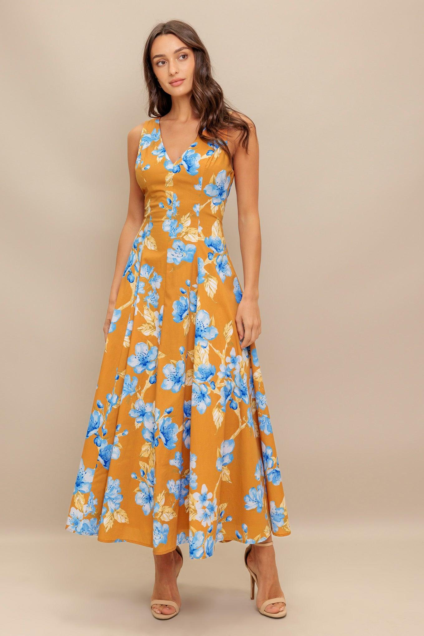 Skyblossom Rush Woven Midi Dress in camel, view 3 — Soul Flow Apparel