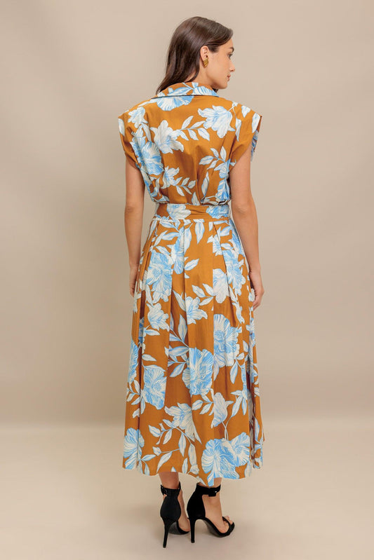 Island Flare Woven Midi Dress in brown blue, view 5 — Soul Flow Apparel