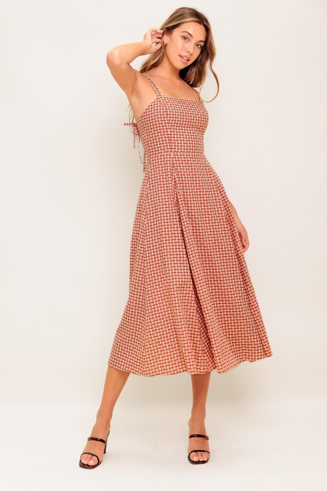 Gingham Summer Woven Midi Dress in ivory red, view 1 — Soul Flow Apparel