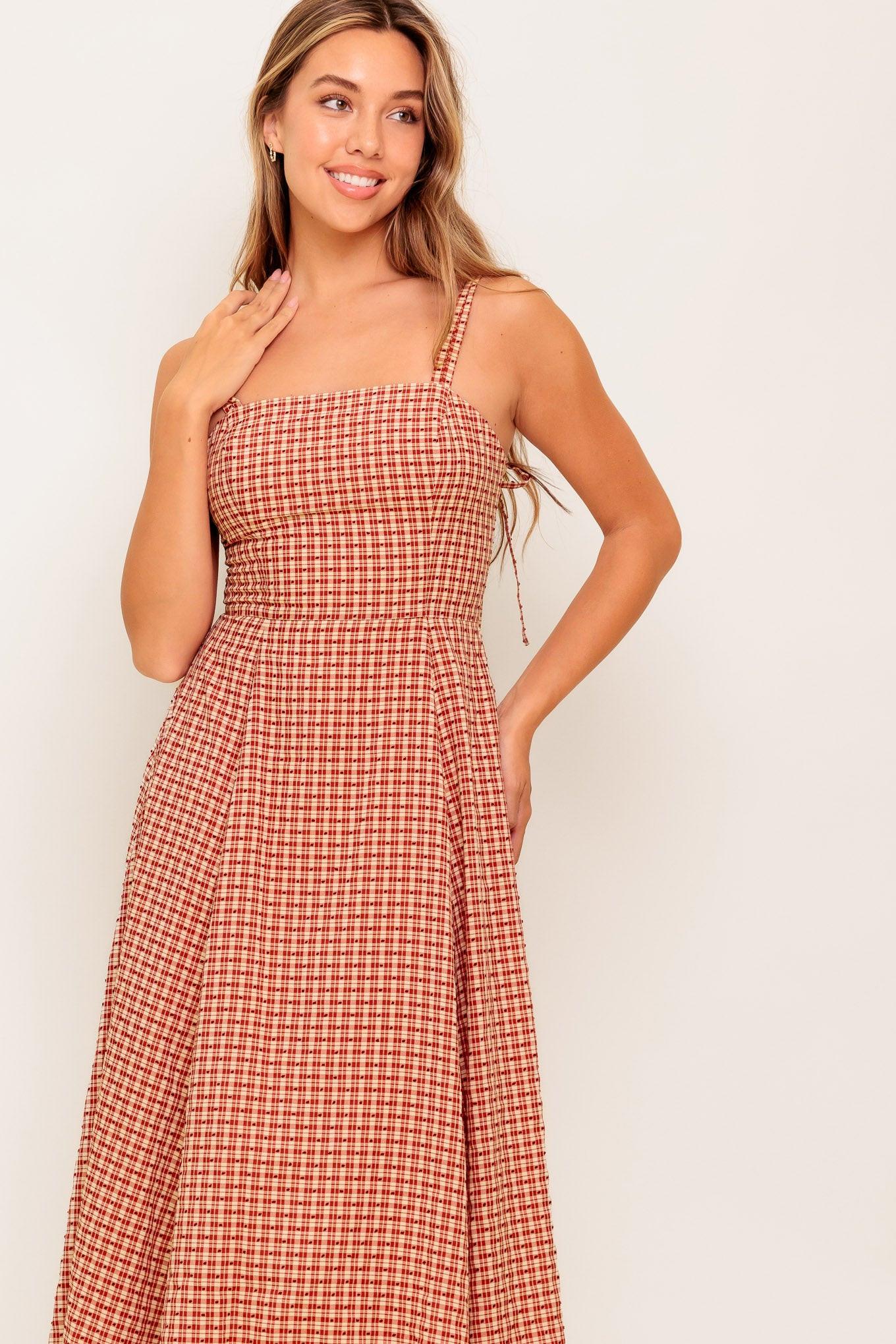 Gingham Summer Woven Midi Dress in ivory red, view 2 — Soul Flow Apparel