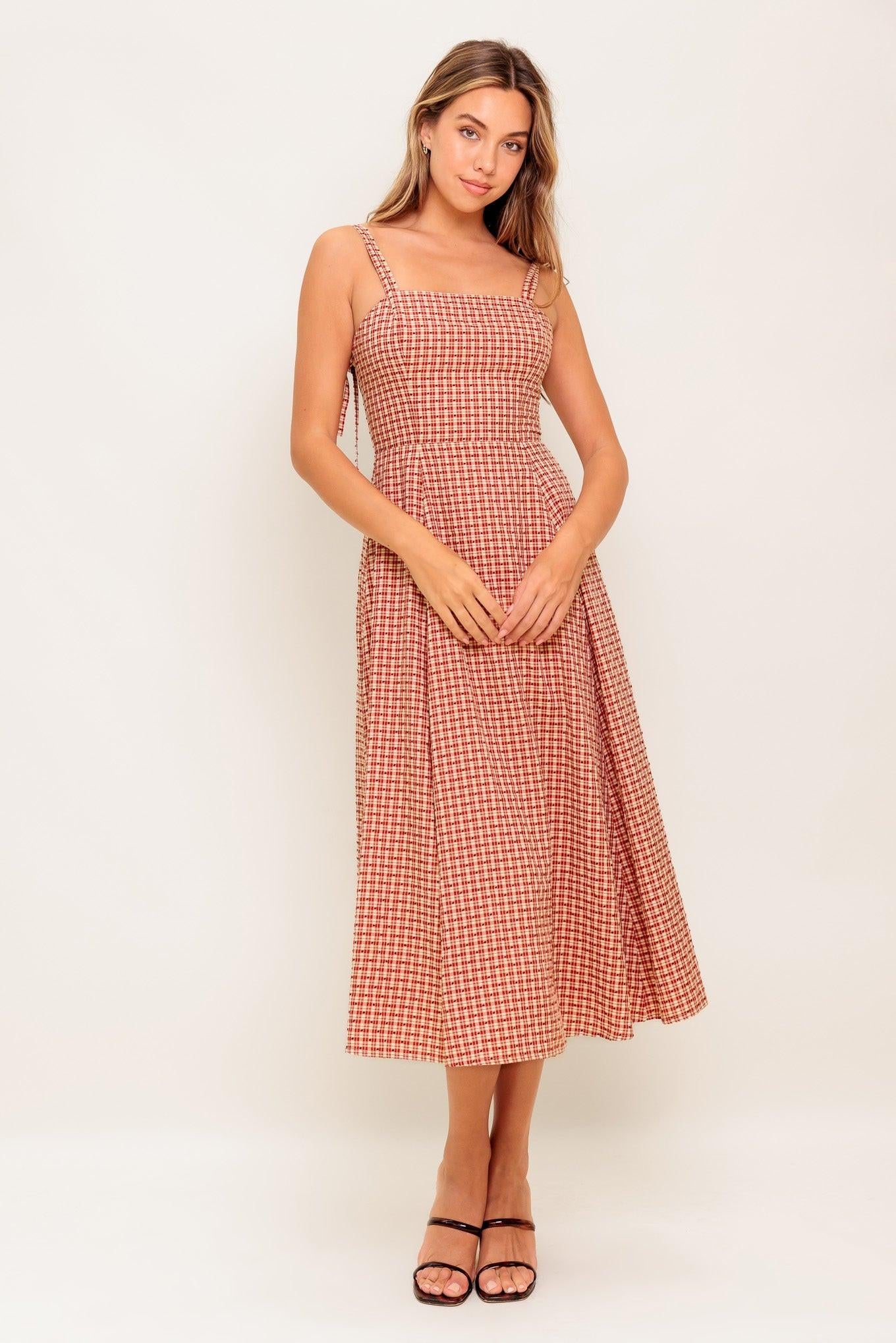 Gingham Summer Woven Midi Dress in ivory red, view 3 — Soul Flow Apparel