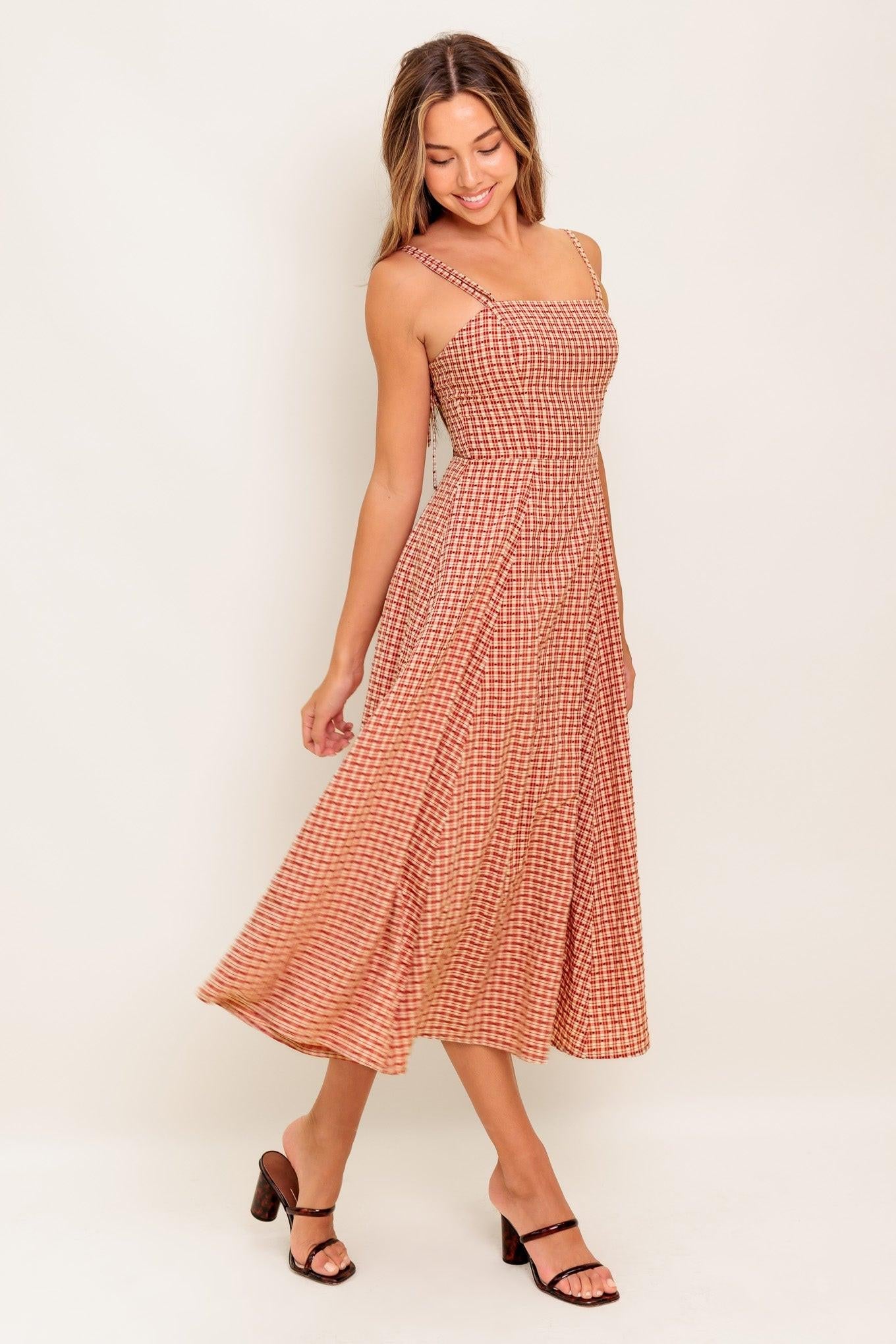 Gingham Summer Woven Midi Dress in ivory red, view 5 — Soul Flow Apparel