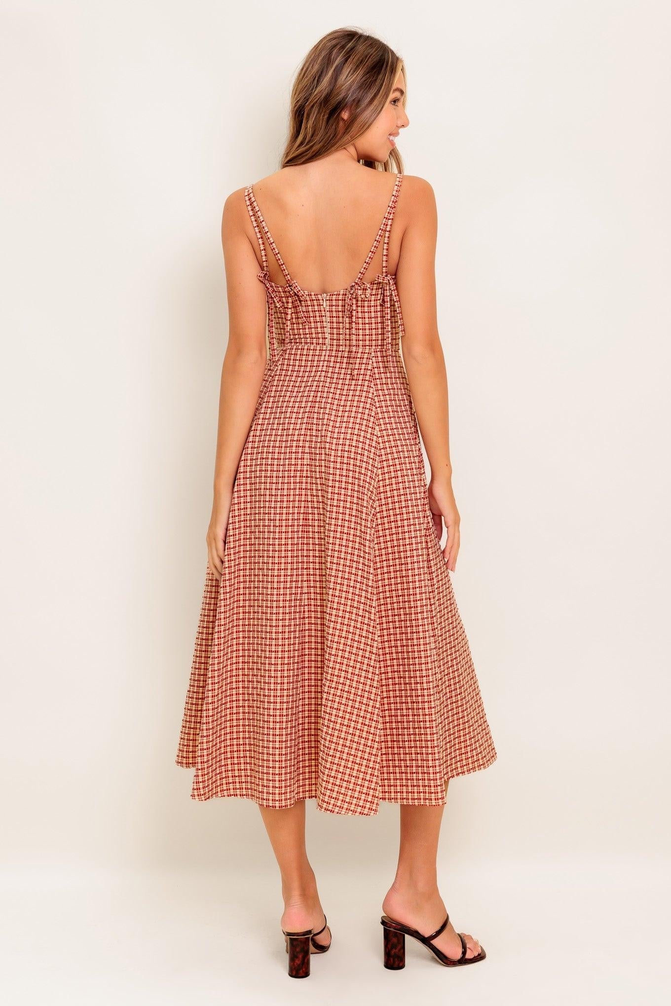 Gingham Summer Woven Midi Dress in ivory red, view 6 — Soul Flow Apparel