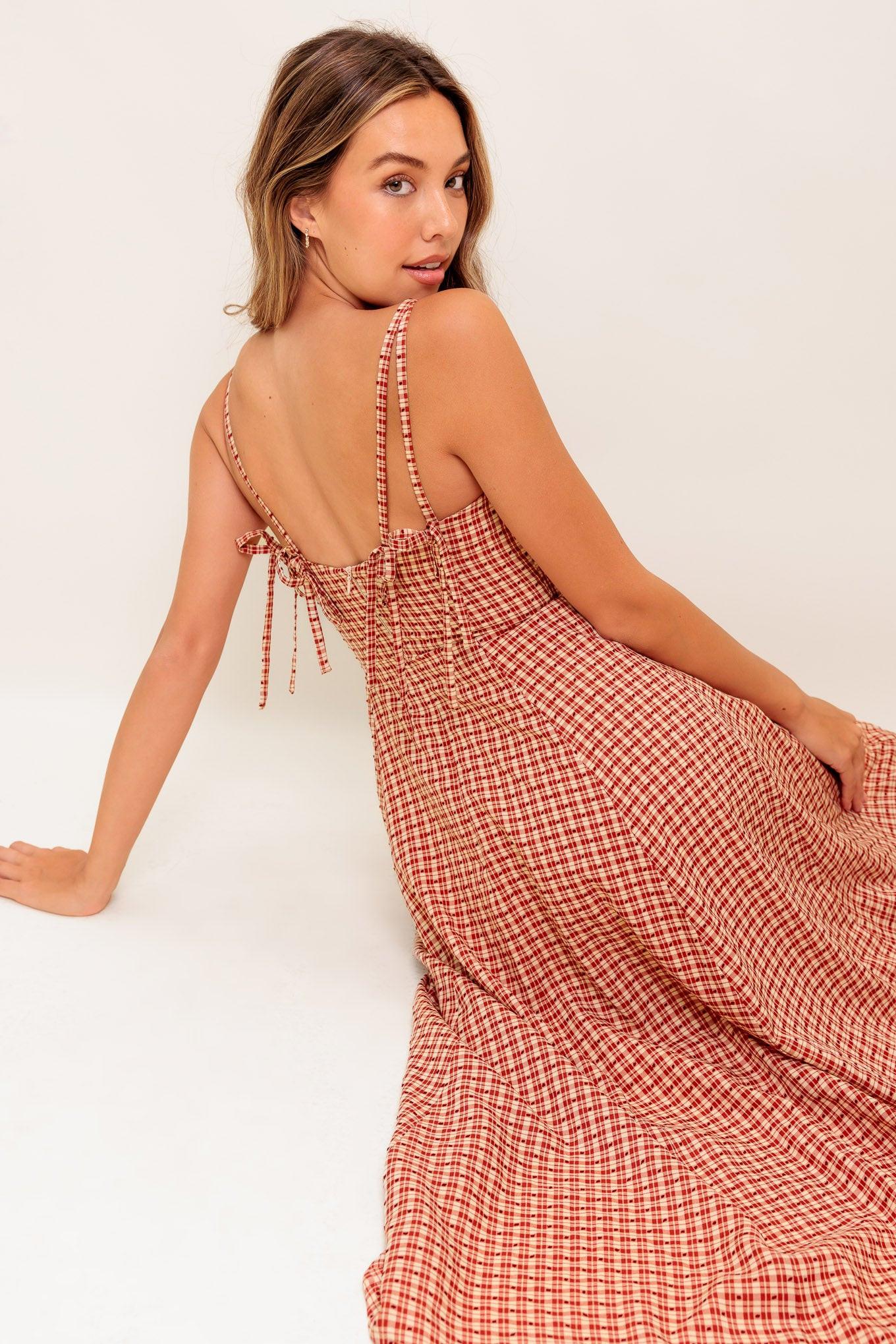 Gingham Summer Woven Midi Dress in ivory red, view 7 — Soul Flow Apparel