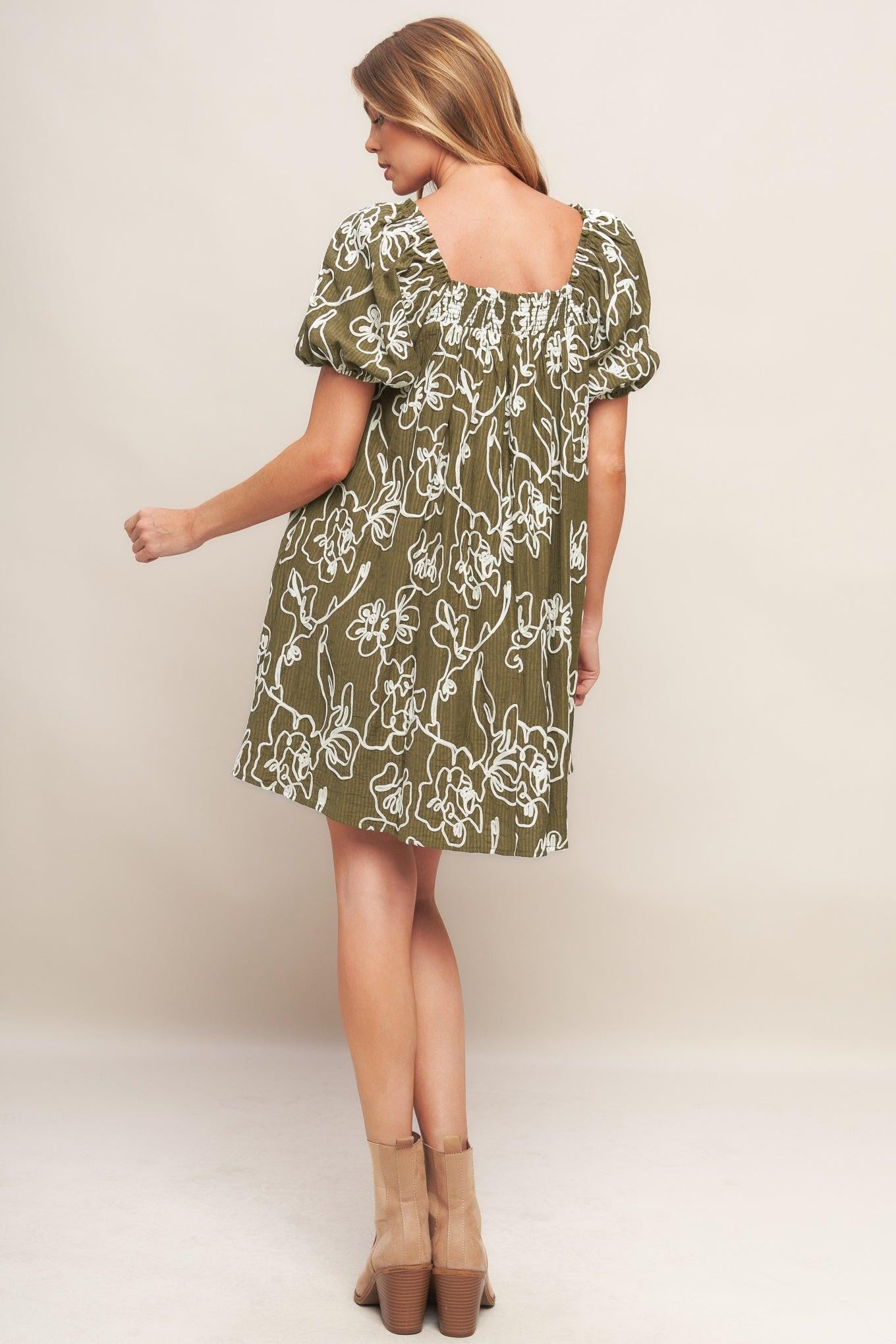Botanical Outline Woven Mini Dress in brown, view 2 — Soul Flow Apparel
