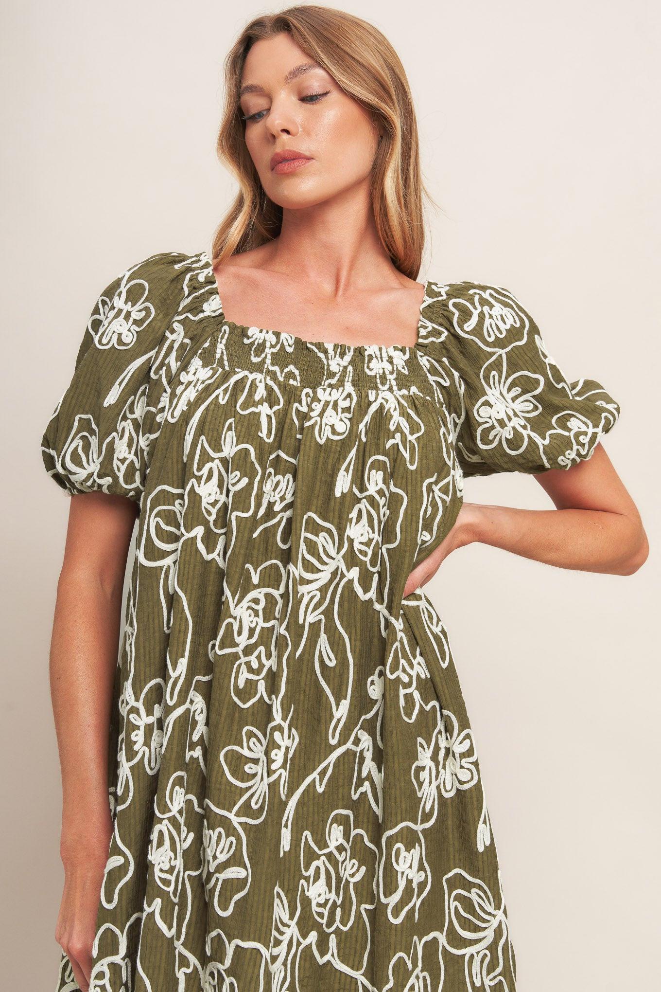 Botanical Outline Woven Mini Dress in brown, view 3 — Soul Flow Apparel