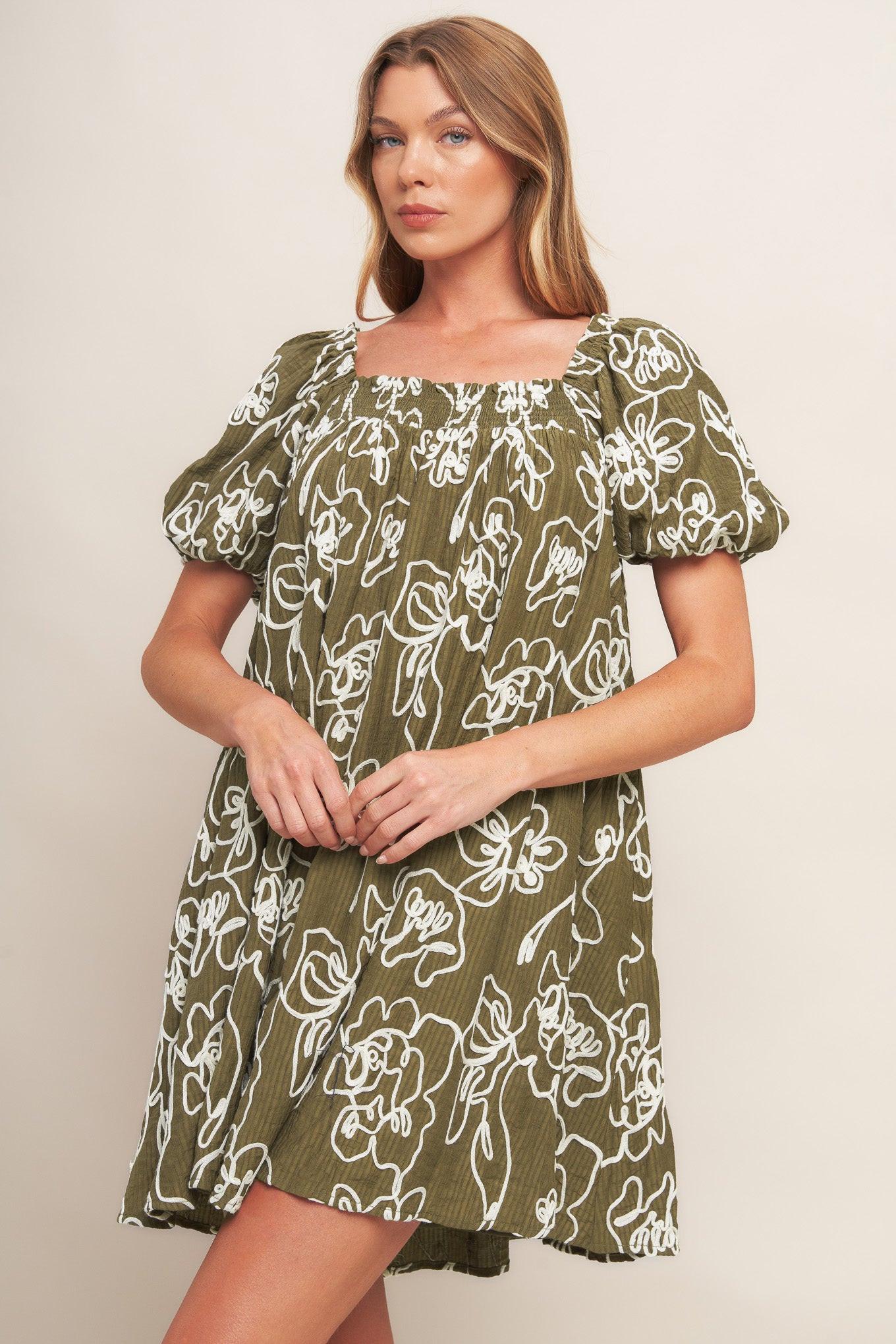 Botanical Outline Woven Mini Dress in brown, view 4 — Soul Flow Apparel