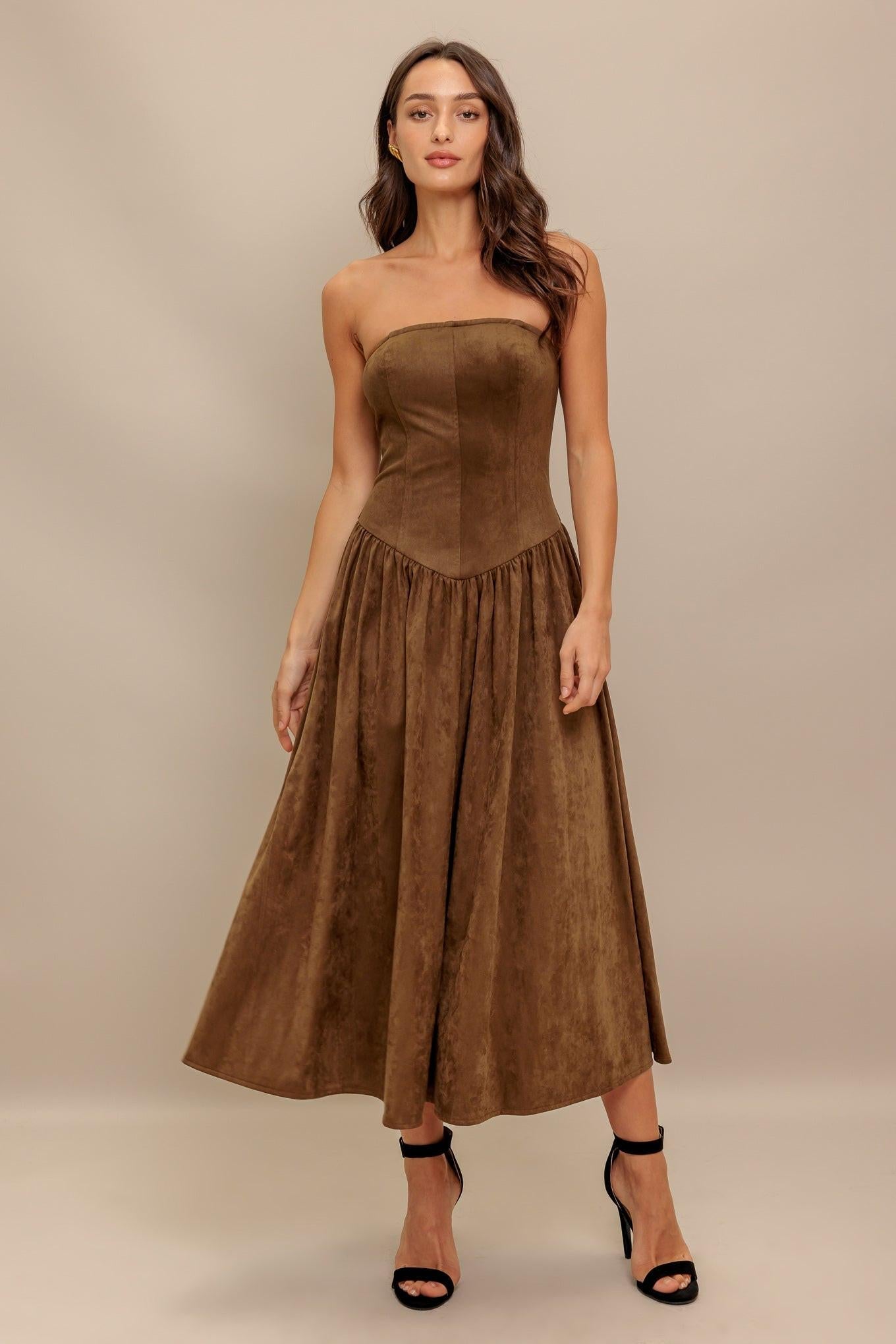 Wild Espresso Faux Suede Midi Dress in brown, view 1 — Soul Flow Apparel