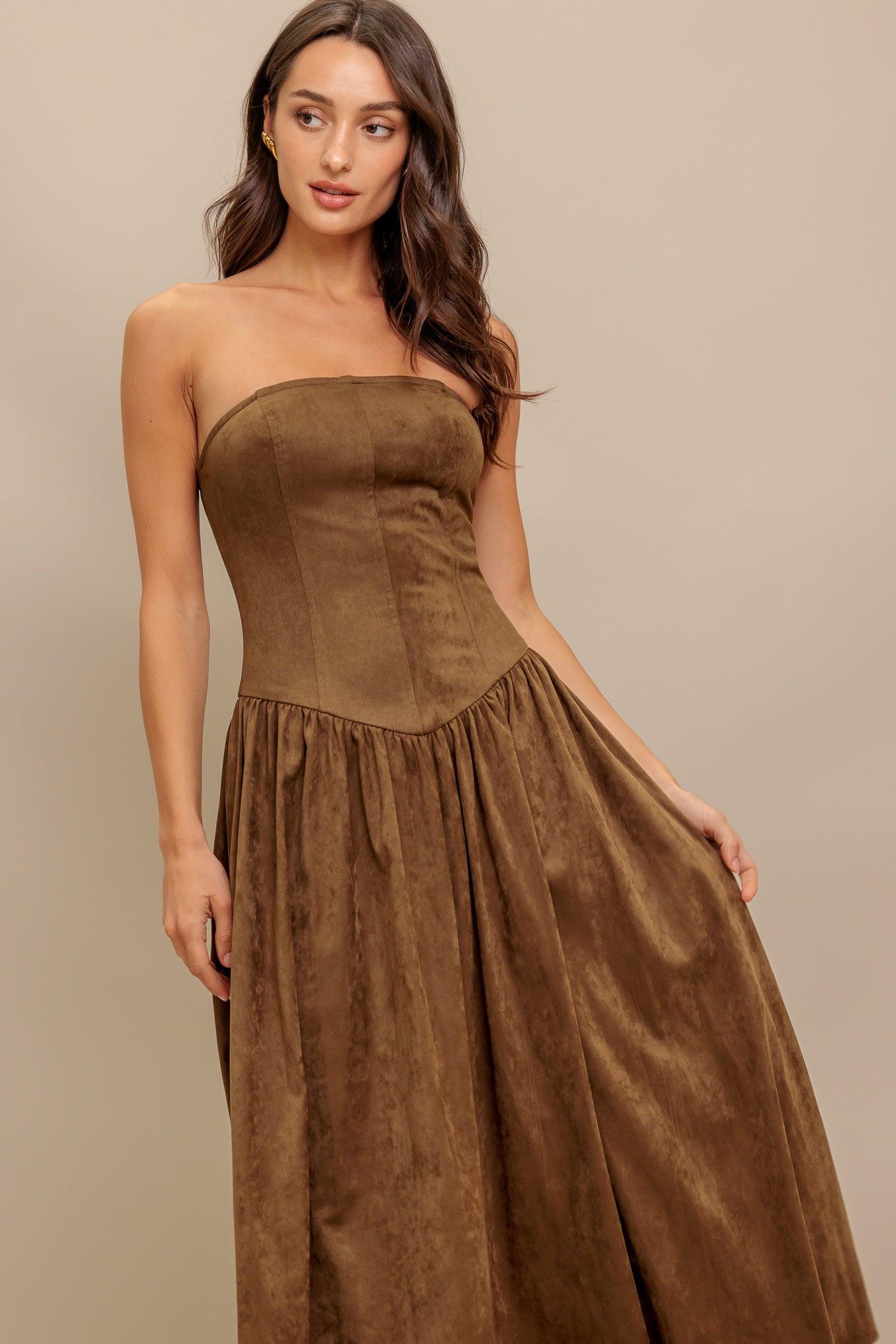 Wild Espresso Faux Suede Midi Dress in brown, view 2 — Soul Flow Apparel