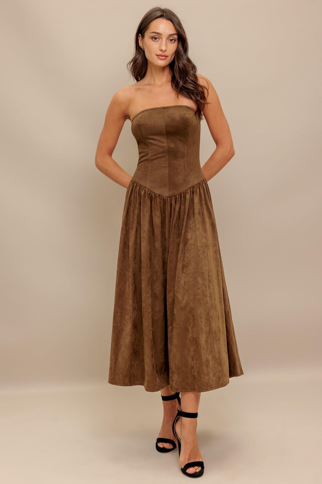 Wild Espresso Faux Suede Midi Dress in brown, view 3 — Soul Flow Apparel