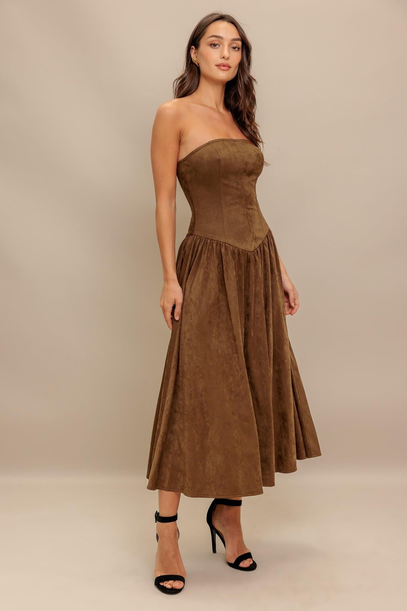 Wild Espresso Faux Suede Midi Dress in brown, view 4 — Soul Flow Apparel