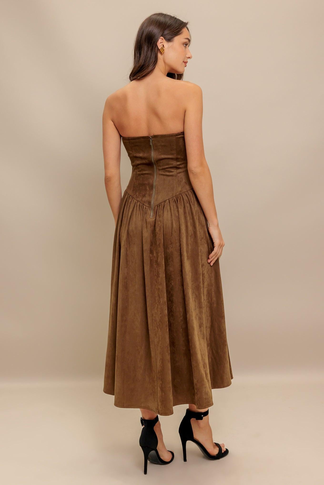 Wild Espresso Faux Suede Midi Dress in brown, view 6 — Soul Flow Apparel