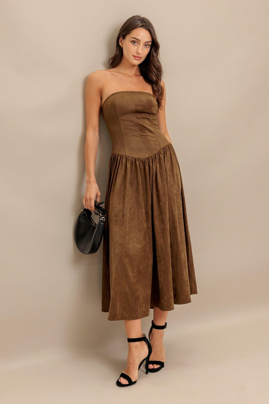 Wild Espresso Faux Suede Midi Dress in brown, view 7 — Soul Flow Apparel