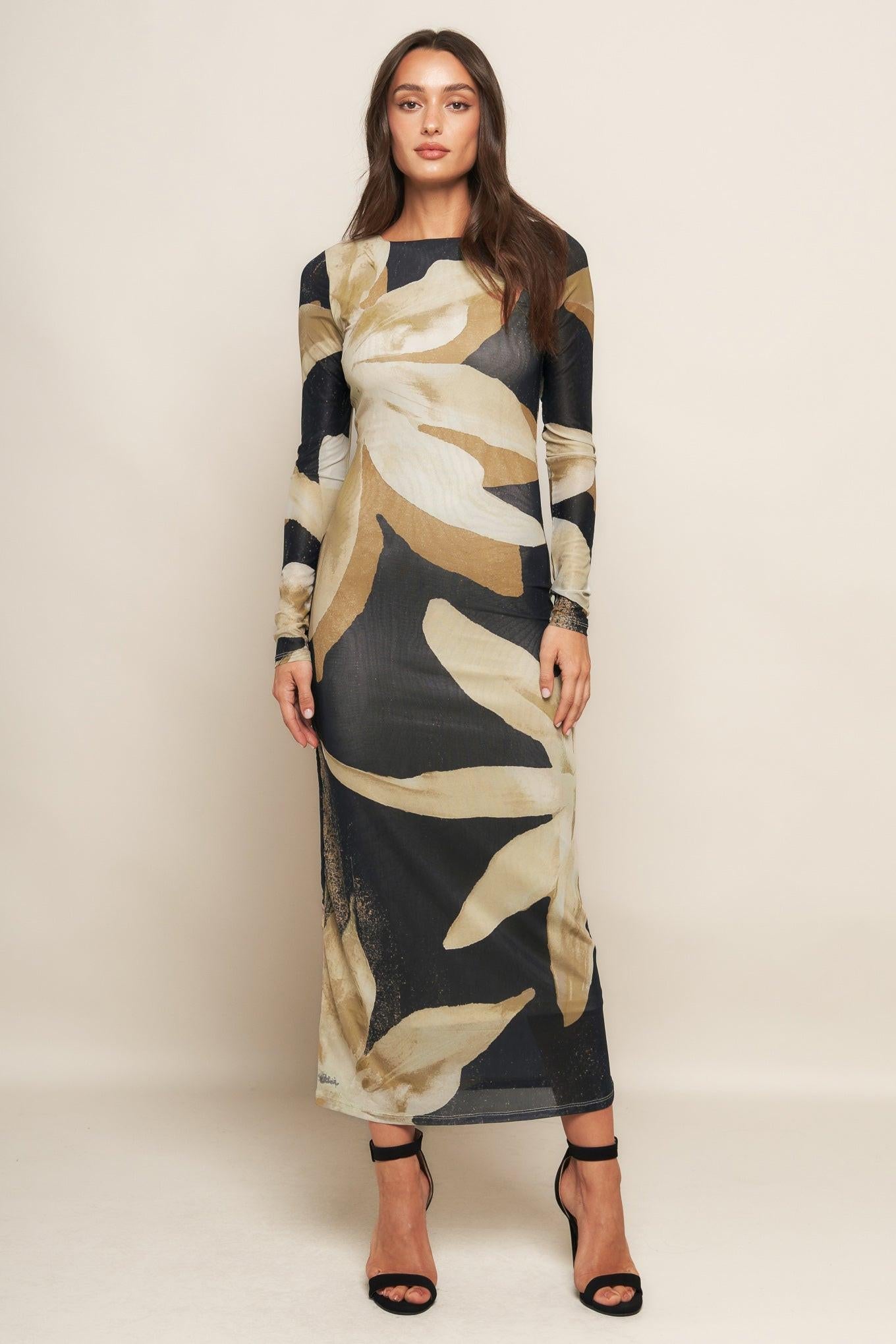 Abstract Botanica Power Mesh Midi Dress in black, view 1 — Soul Flow Apparel