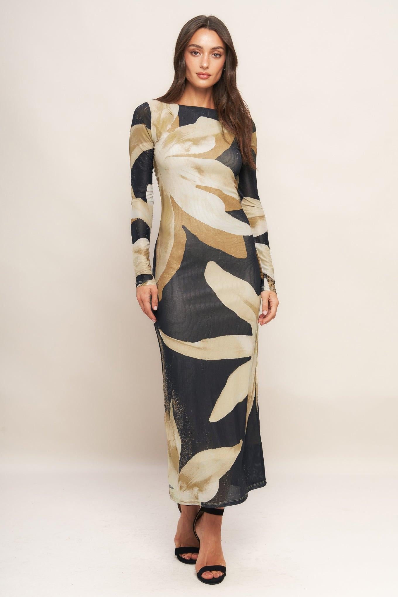 Abstract Botanica Power Mesh Midi Dress in black, view 2 — Soul Flow Apparel