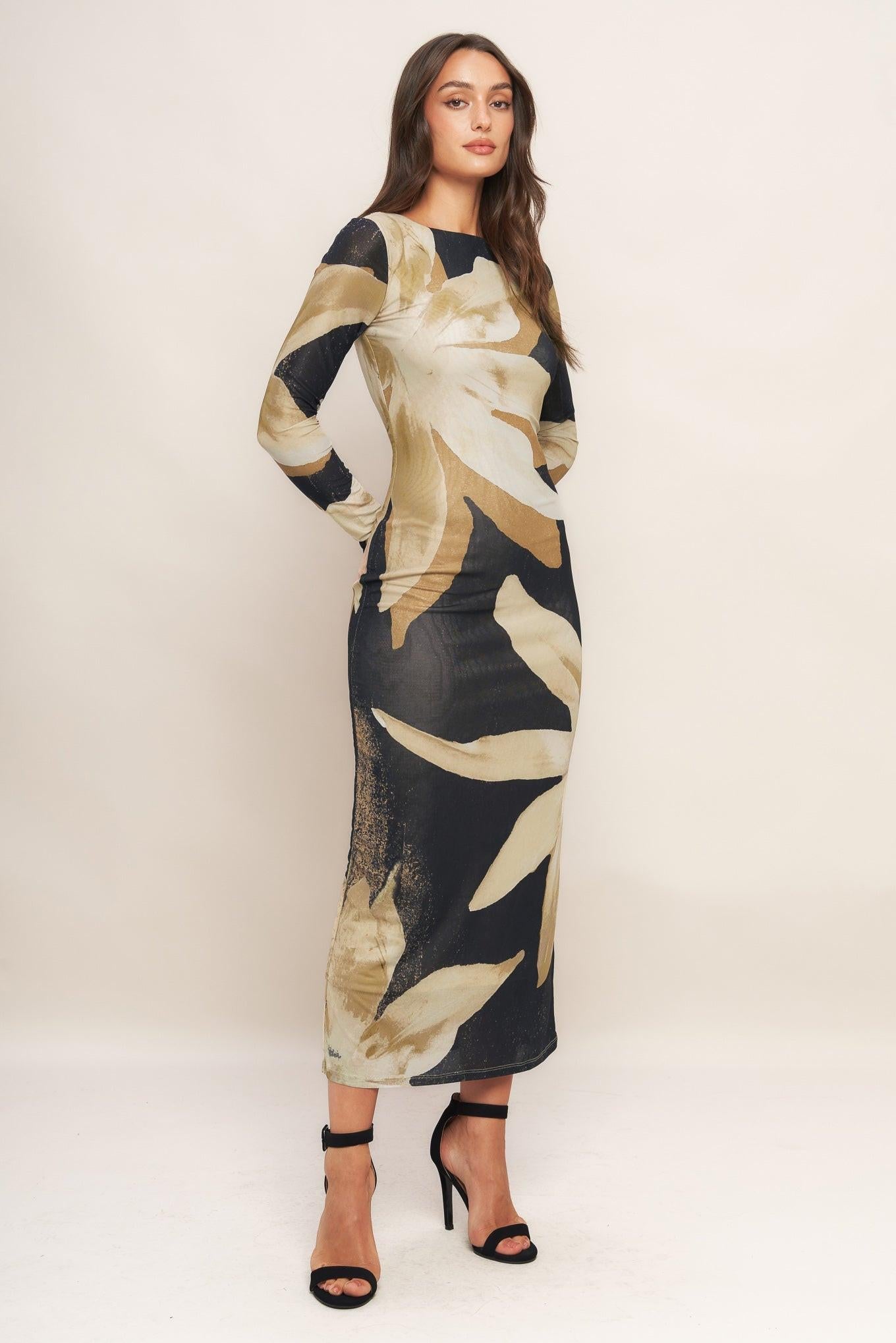 Abstract Botanica Power Mesh Midi Dress in black, view 4 — Soul Flow Apparel
