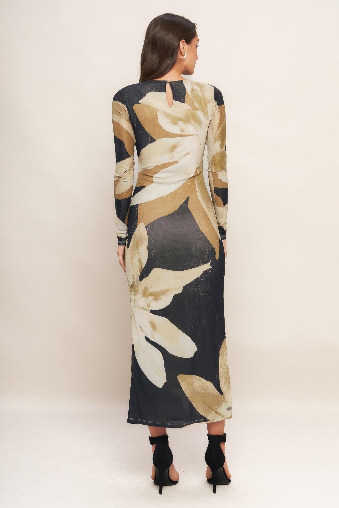 Abstract Botanica Power Mesh Midi Dress in black, view 5 — Soul Flow Apparel